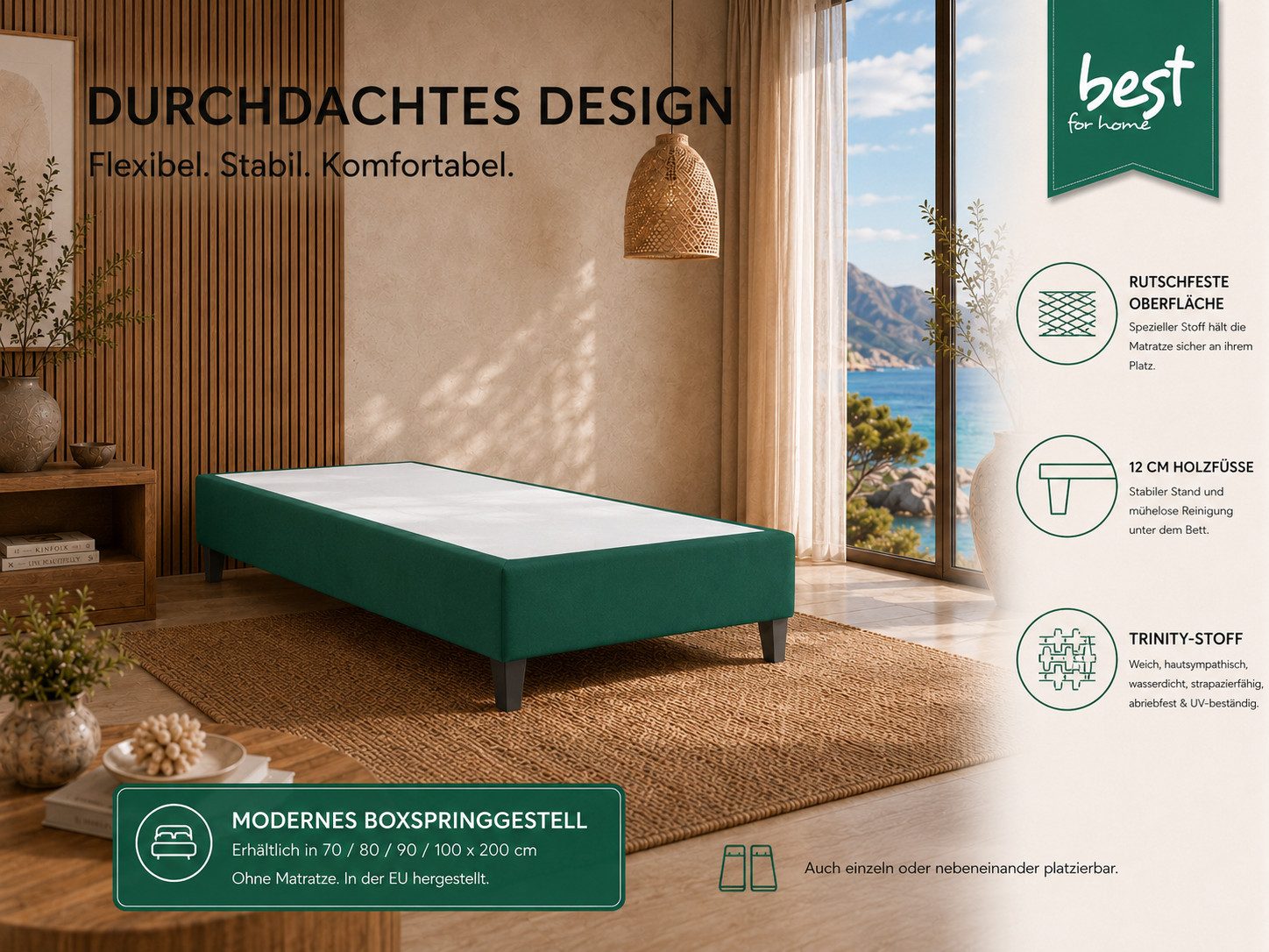 Best for Home Boxspringbett Boxspringbettgestell aus Massivholz in verschiedenen Größen (Bettgestell / Seniorenbett / Jugendbett / Kinderbett, 1-St., Bettgestell ohne Matratze, optional mit Kopfteil), Massivholzrahmen, Trinity-Stoffbezug, wasserdicht, abriebfest