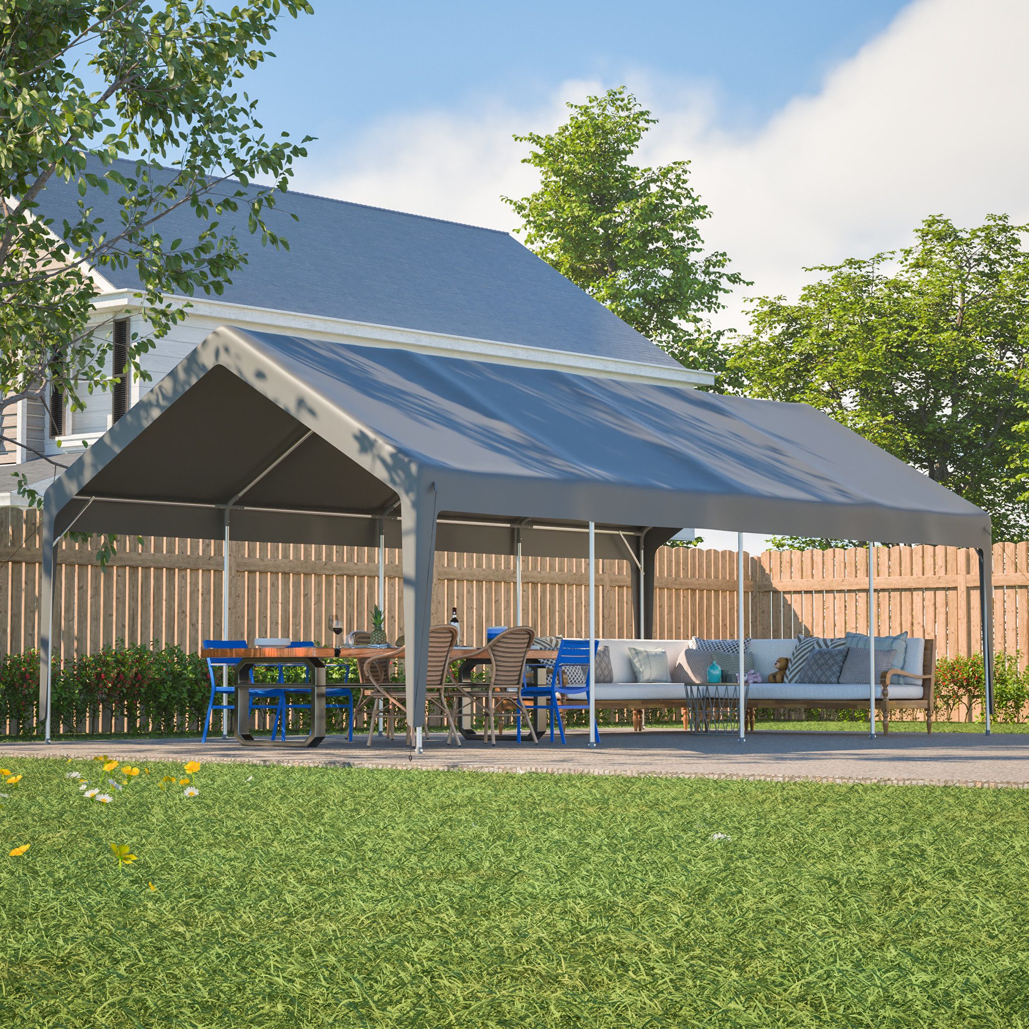 CHICFURN Einzelcarport Carport Garage Zelt mit Fenster und Schutzabdeckung, BxT: 400x765 cm, 192 cm Einfahrtshöhe, (Packung, 1 St), 4 x 7,65 m, Grau, mit abnehmbaren Seitenwänden und Dach