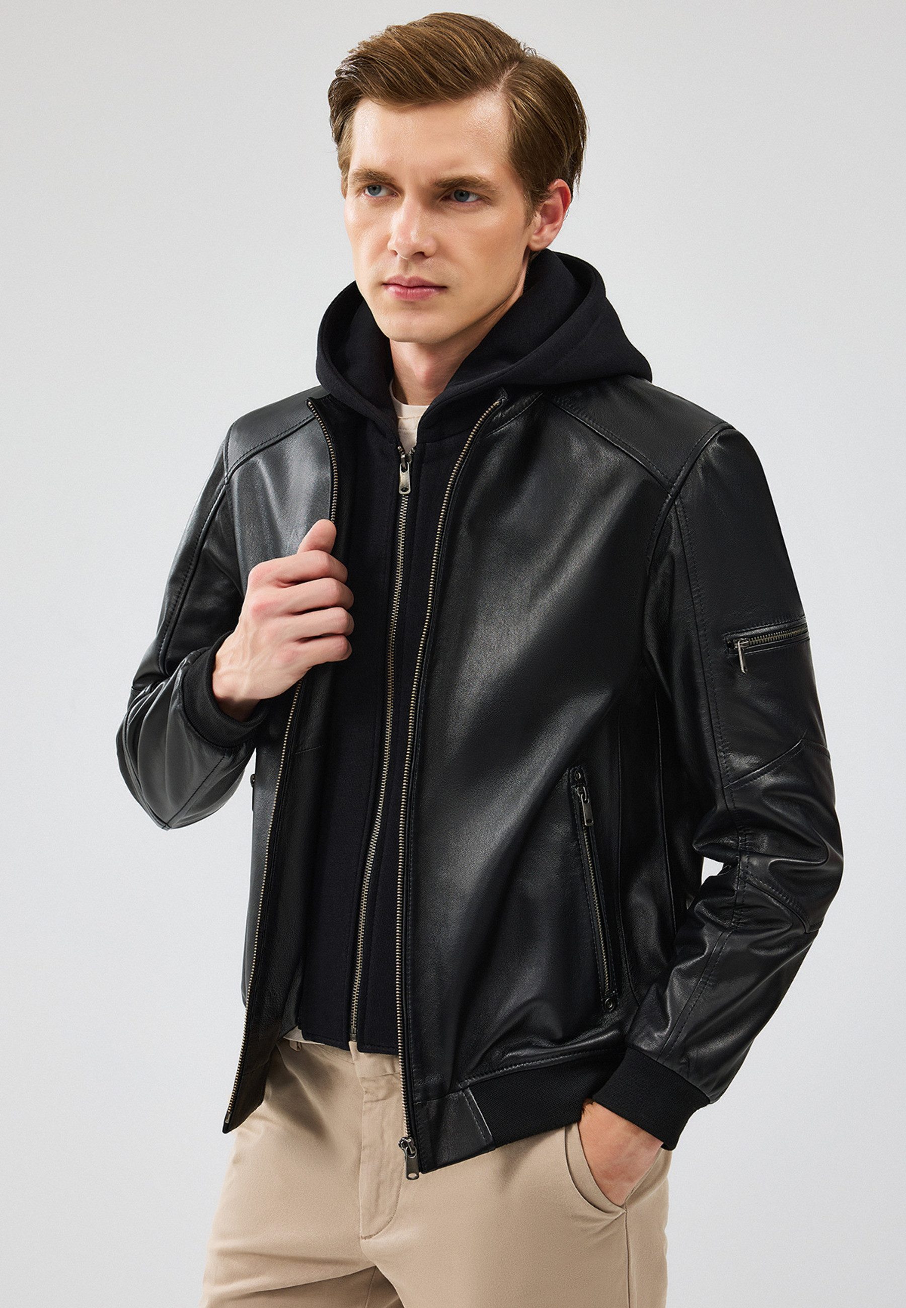 Derimod Lederjacke Niko Lederjacke mit Kapuze Regular Fit, Reißverschluss, Mit Kapuze, Kurz, Textilfutter