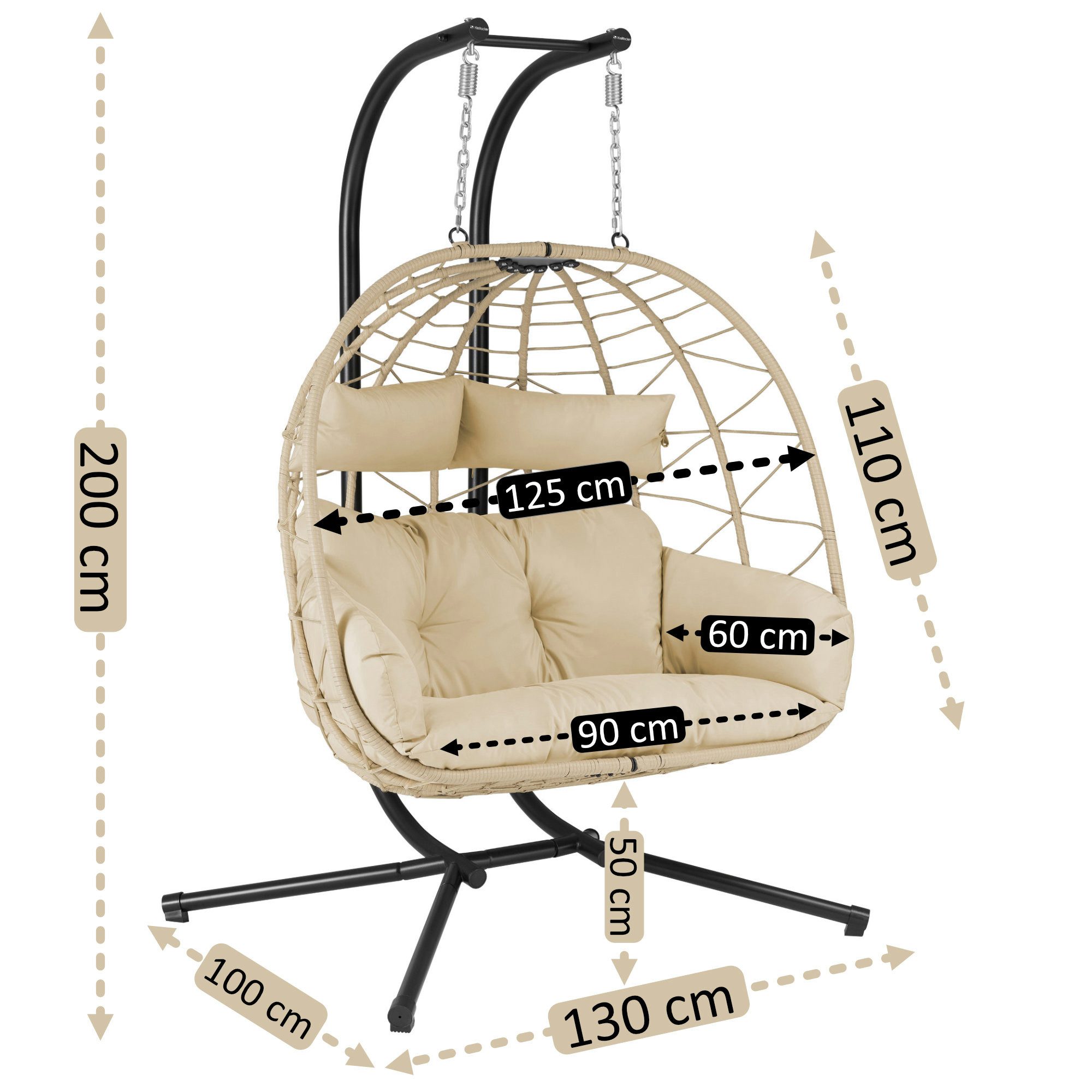 HinHocker Hängesessel Hängesessel für 2 Personen mit Gestell, Creme, XXL Hängeschaukel Indoo, Faltbarer Korb
