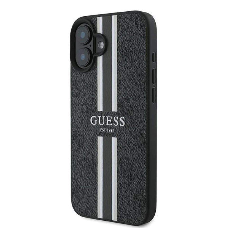 Guess Handyhülle iPhone 16 Plus Kunstleder Muster grau Logo goldfarbig MagSafe 6,7 Zoll, Kantenschutz