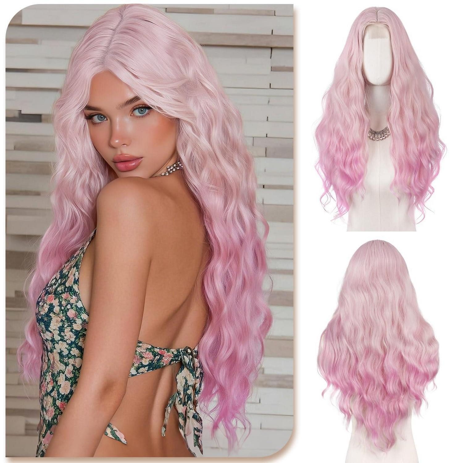 LuxusKollektion Kunsthaarperücke Perücke gewellt 70cm Mittelscheitel lockig Cosplay Rosa Farbverlauf