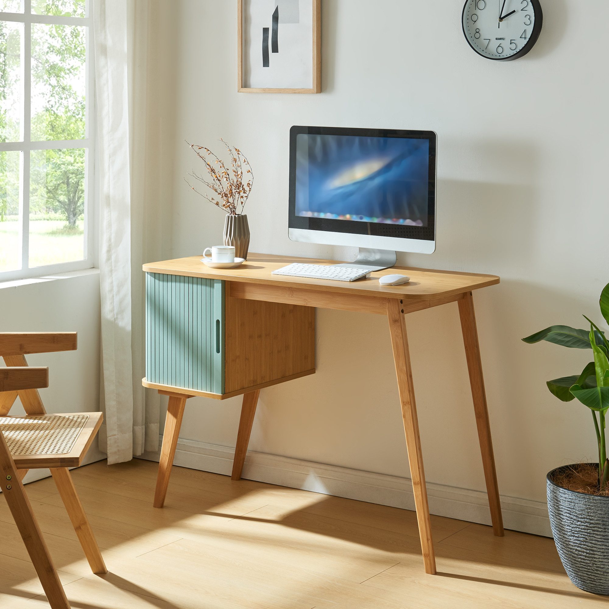 en.casa Schreibtisch, »Tysvær« mit Schrankteil 75 x 105 x 48 cm Bambus/Blau