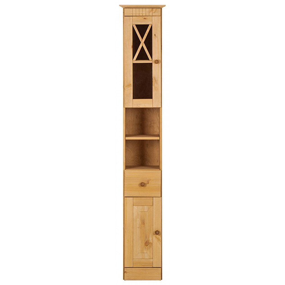 loft24 Hochschrank Rico - Badezimmerschrank Badschrank Badmöbel Bad Schrank 2 Türen, 1 Schublade, Tür mit Glasfront, Kiefer, Landhausstil