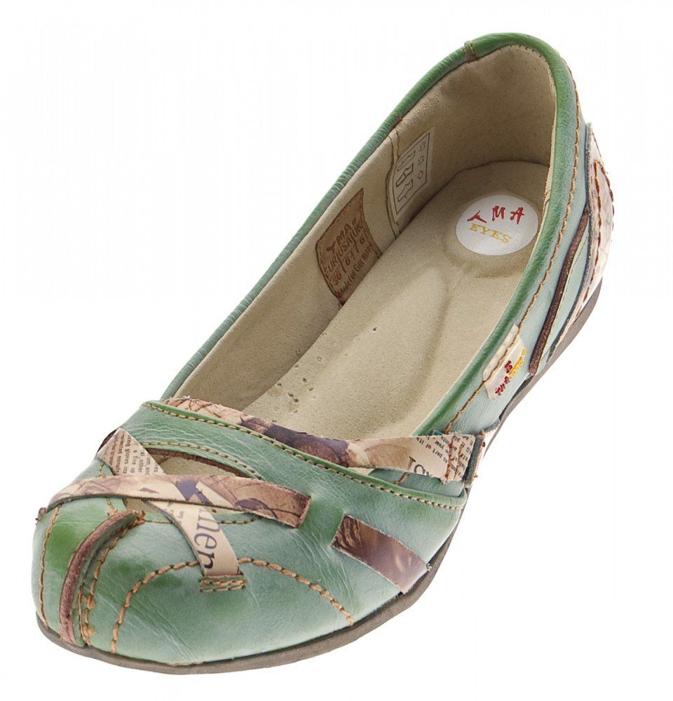 TMA TMA 5088 Ballerina Leder Damen Schuhe Slipper Keilpumps Used Look, Zeitungsdruck