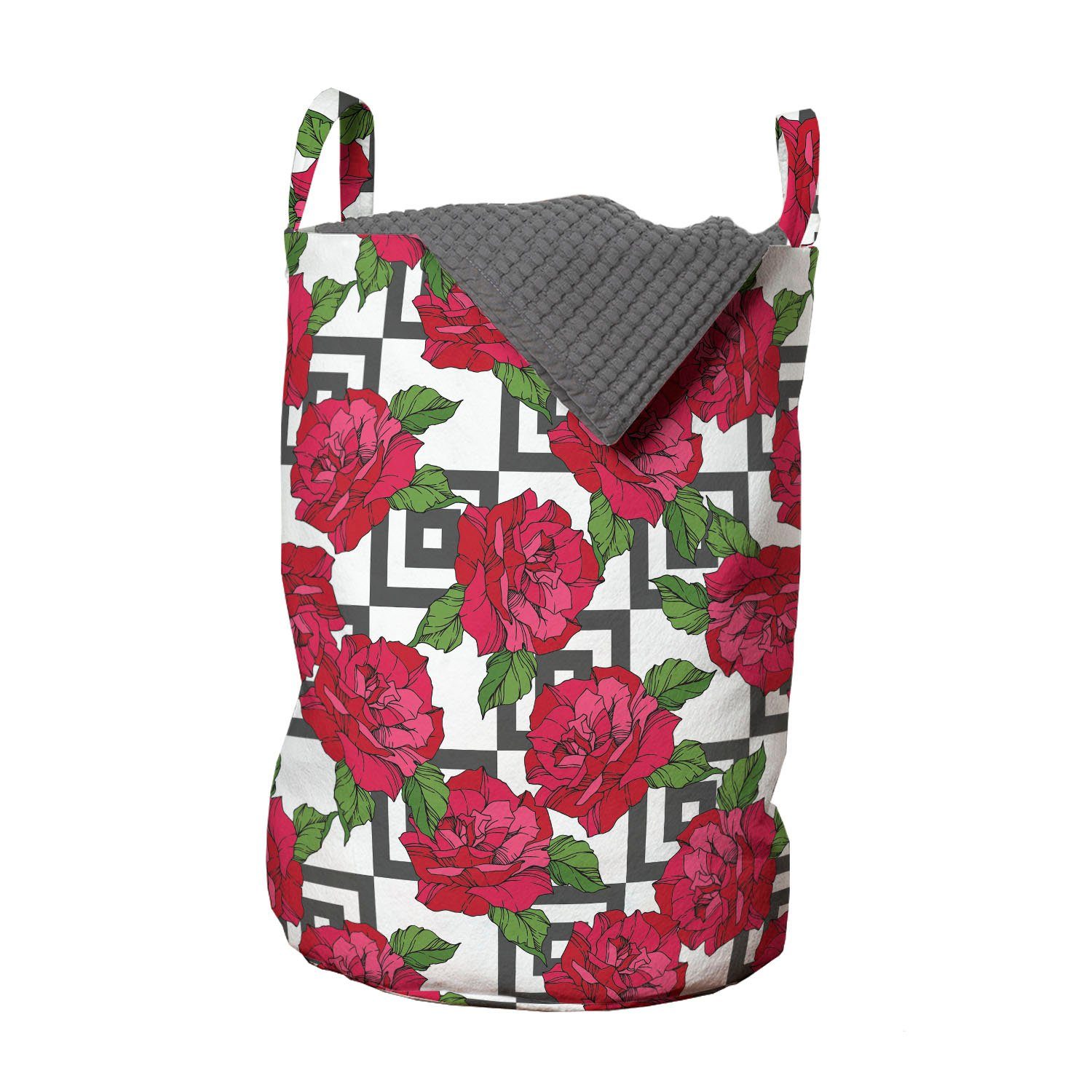 Abakuhaus Wäschesäckchen Wäschekorb mit Griffen Kordelzugverschluss für Waschsalons, Rosen Blumen auf Nested Squares