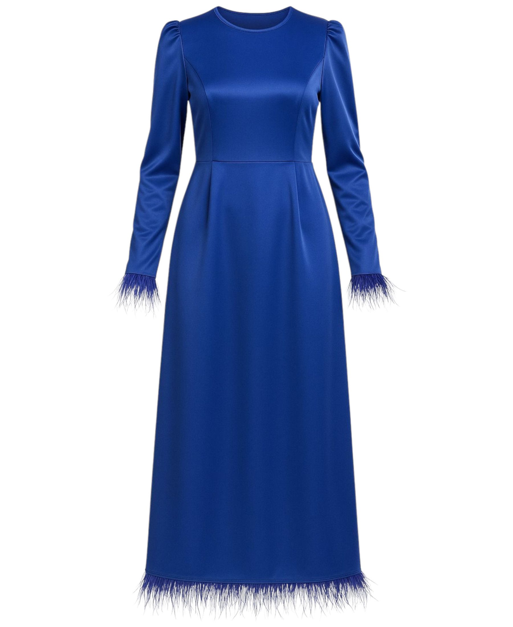 fashionshowcase Satinkleid Damen Abendkleid schlicht Abiye Abaya Modest Fashion Federdetails am Saum und an den Ärmelabschlüssen