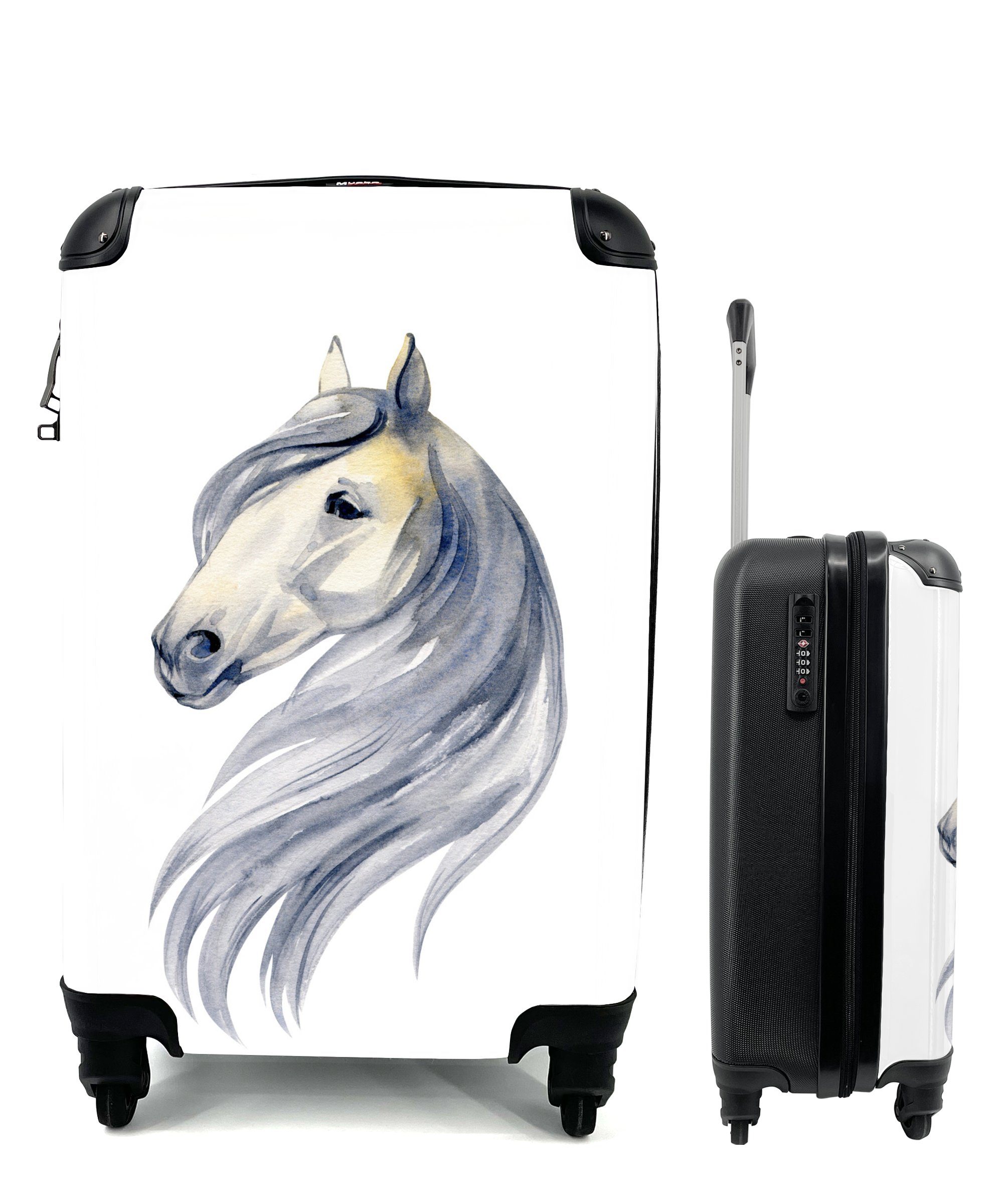 - Gelb Pferd Mädchen Handgepäckkoffer 4 - Ferien, Rollen, rollen, Mädchen, Handgepäck Reisekoffer MuchoWow - für mit Kinder - Aquarell Trolley, Reisetasche -