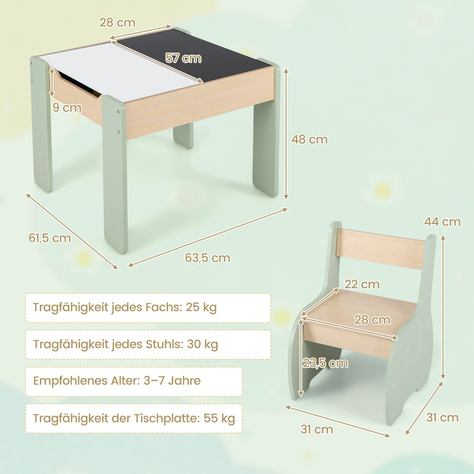 COSTWAY Kindersitzgruppe 3tlg. Kindertisch, aus Holz, mit 2 Stühlen – Bild 3 von 5