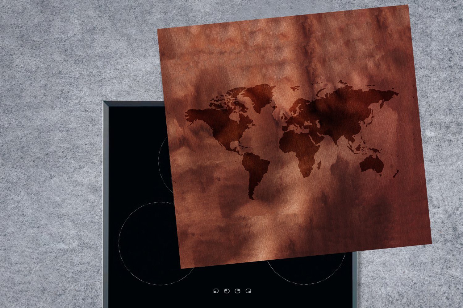 küche (1 Braun tlg), Vinyl, MuchoWow Weltkarte Ceranfeldabdeckung, - Arbeitsplatte Rot, cm, für 78x78 - Herdblende-/Abdeckplatte