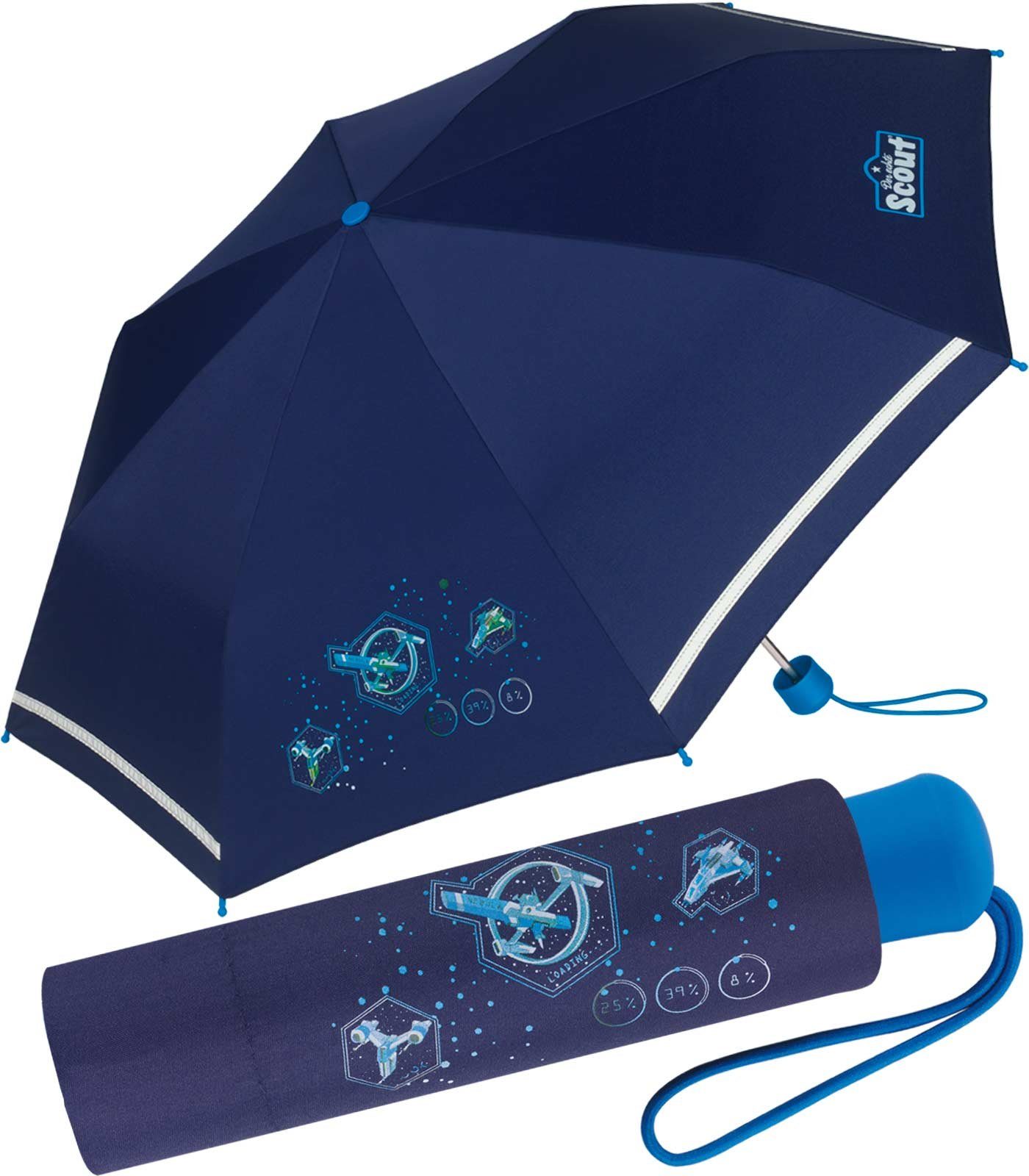 Top-Marke Scout Taschenregenschirm Mini extra bedruckt, reflektierend leicht Kinderschirm für Kinder gemacht
