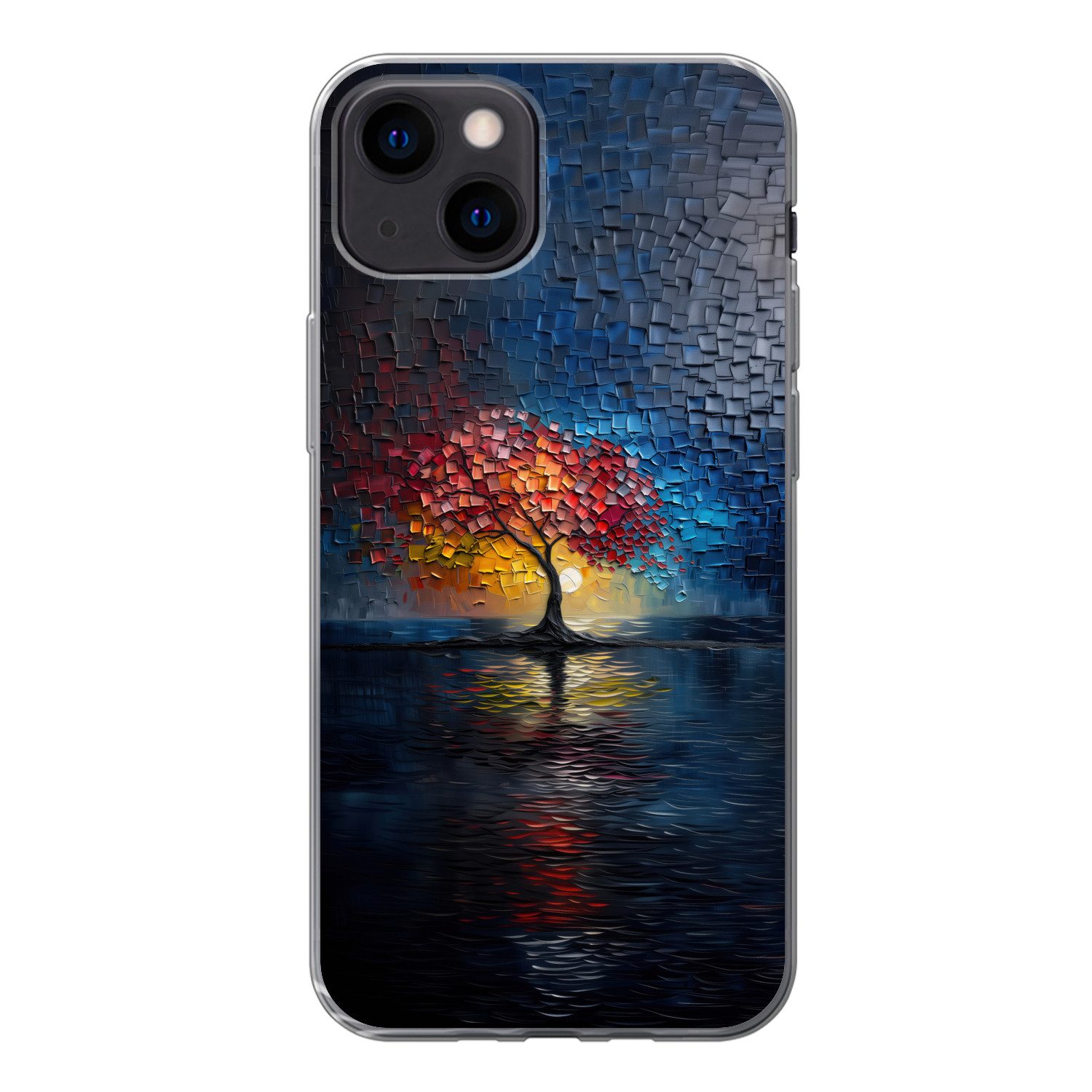 MuchoWow Handyhülle für Apple iPhone 13 mini Baum - Blau - Blätter - Boxen, Smartphone-Bumper, Print, Handy Schutzhülle Dünn