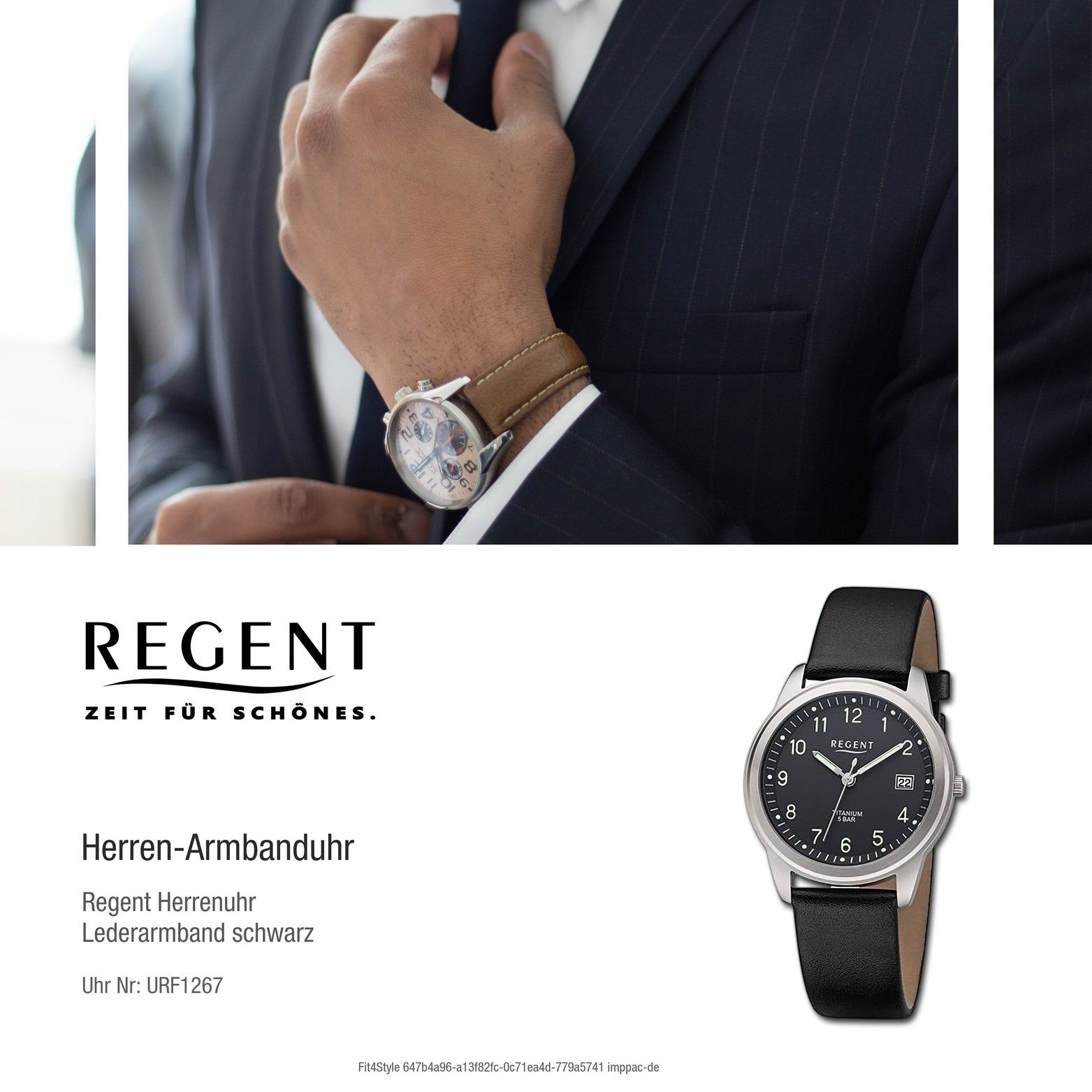 Gehäuse, (ca. groß Herrenuhr rundes Armbanduhr 36mm) Lederarmband schwarz, Analog, Quarzuhr Regent extra Regent Herren