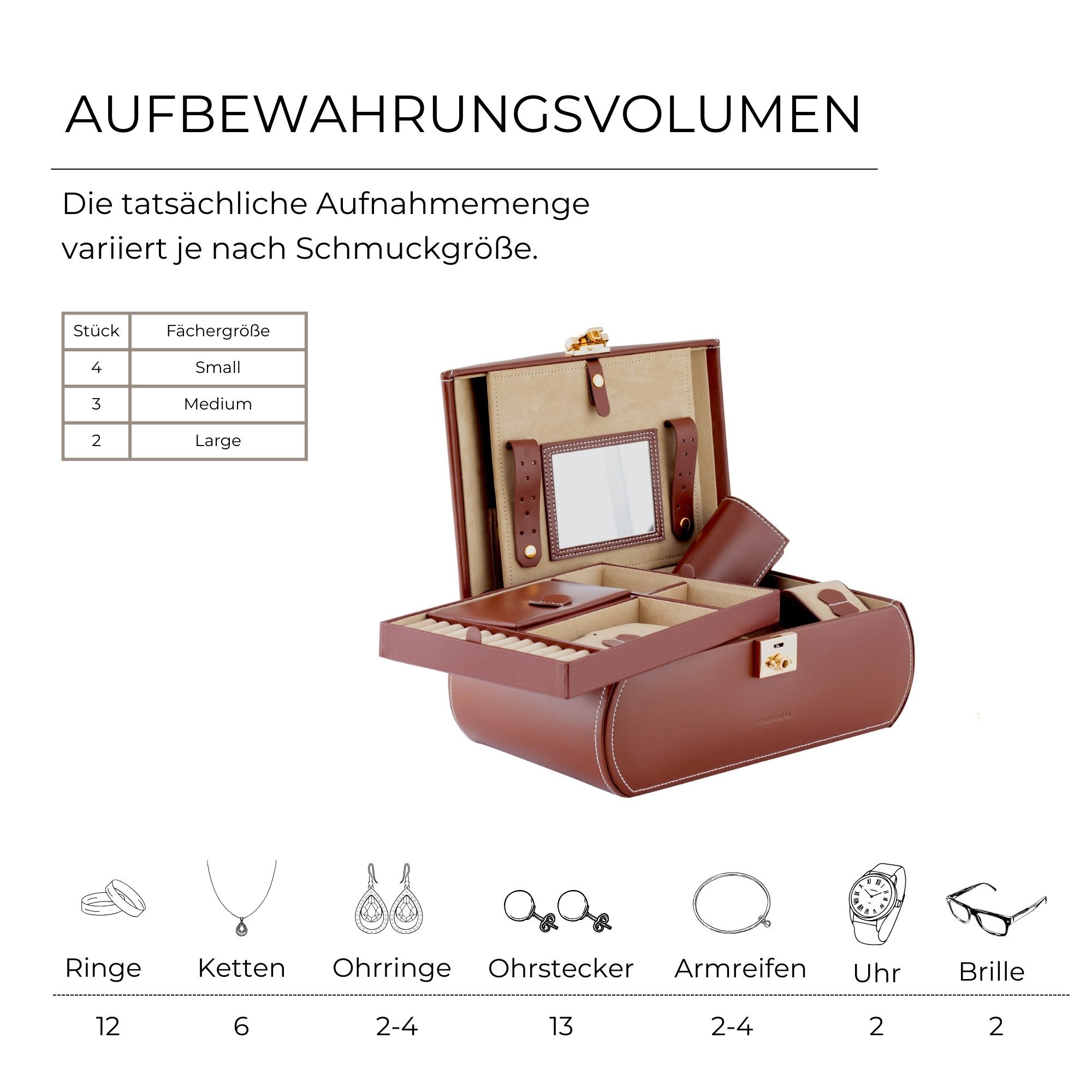 Friedrich23 Schmuckkasten / Uhrenbox aus Leder Cordoba, inkl. 1 herausnehmbares Etui