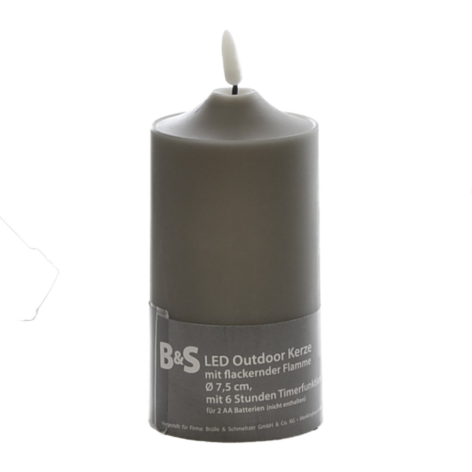 B&S LED-Kerze LED Kunststoffkerze Outdoor grau 15 x Ø 7,5 cm Flackerflamme & Timer