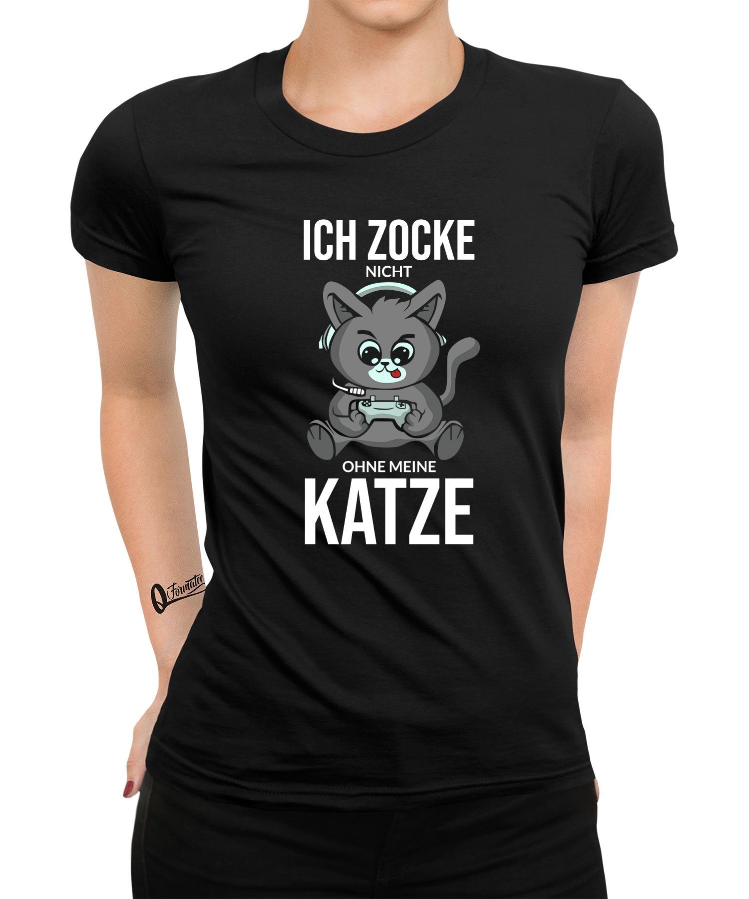 Quattro Formatee Kurzarmshirt Nerd Damen - Gamer Katze Zocken (1-tlg) Gaming T-Shirt