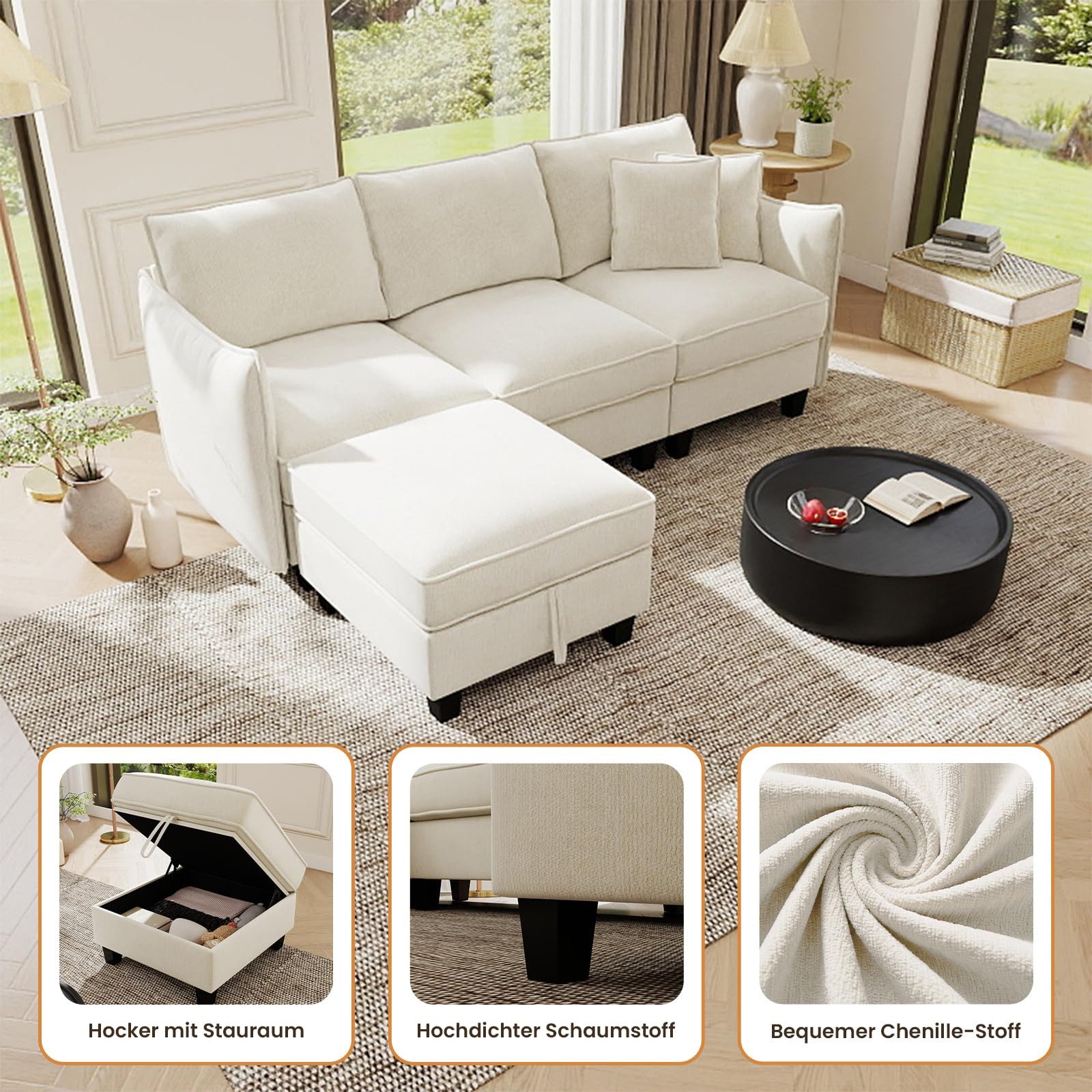 Urhanherry Sofa Modulares Sofa aus weichem Chenillestoff – perfekt fürs Wohnzimmer, 2 Teile, 4‑Sitzer Ecksofa mit Hocker und Stauraum