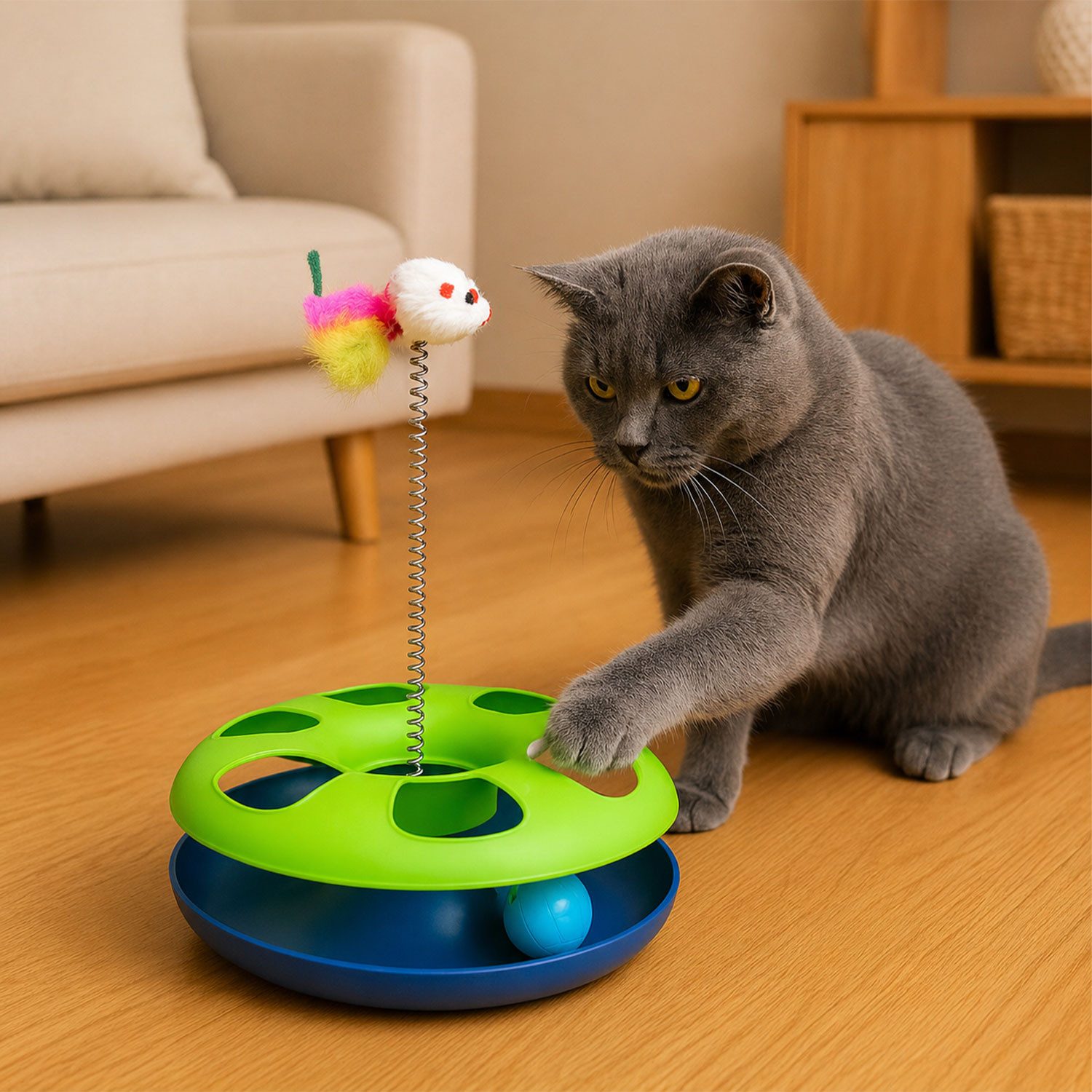 Jungengel Katzenspielrad Interaktives Katzenspielzeug Intelligenzspielzeug Katzenbeschäftigung, Kunststoff, Interaktiv mit Ballbahn und Feder-Maus, fördert Jagdtrieb und Bewegung