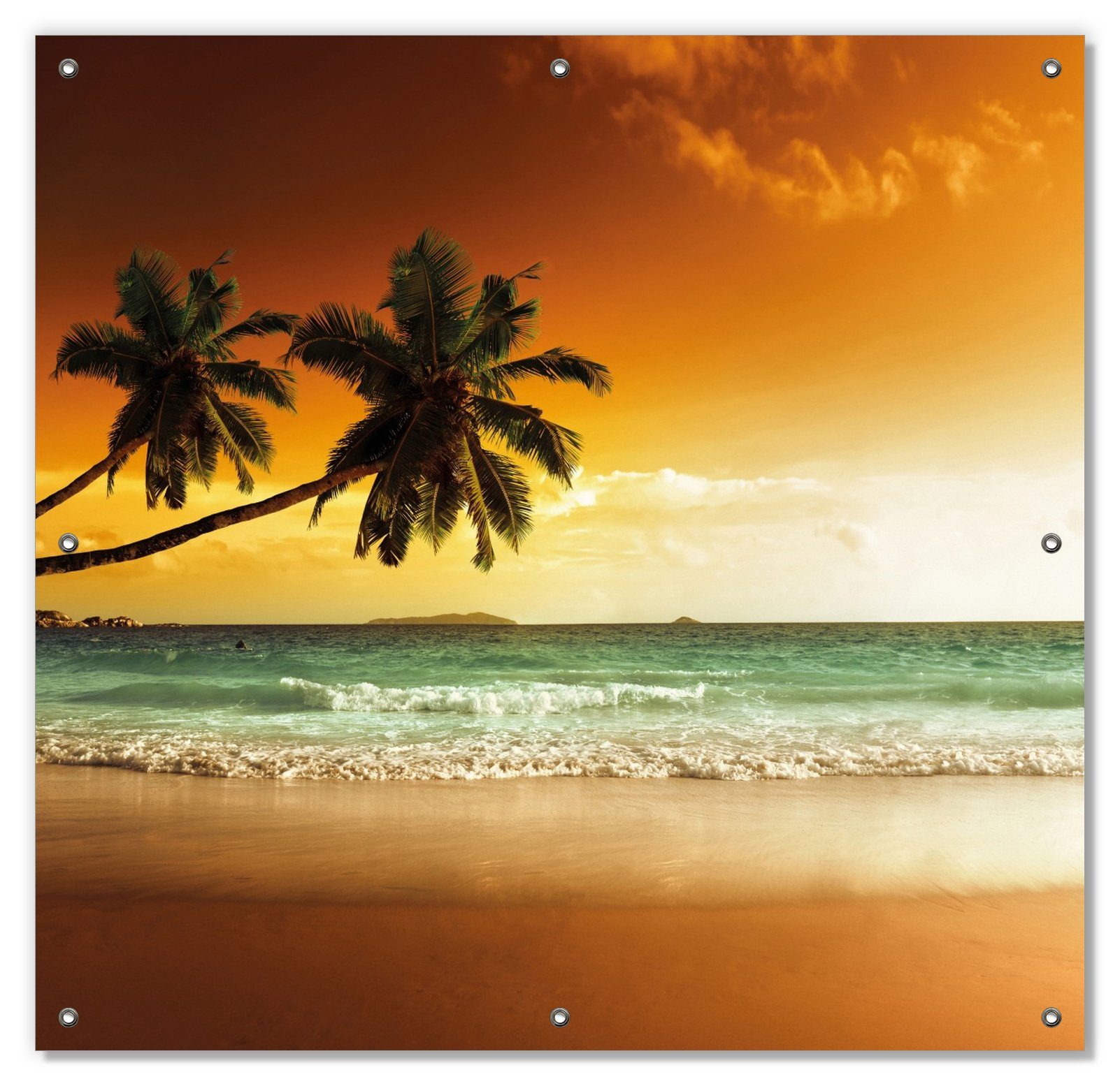Sonnenschutz Palmen am Sandstrand bei untergehender Sonne, Wallario, blickdicht, mit Saugnäpfen, wiederablösbar und wiederverwendbar