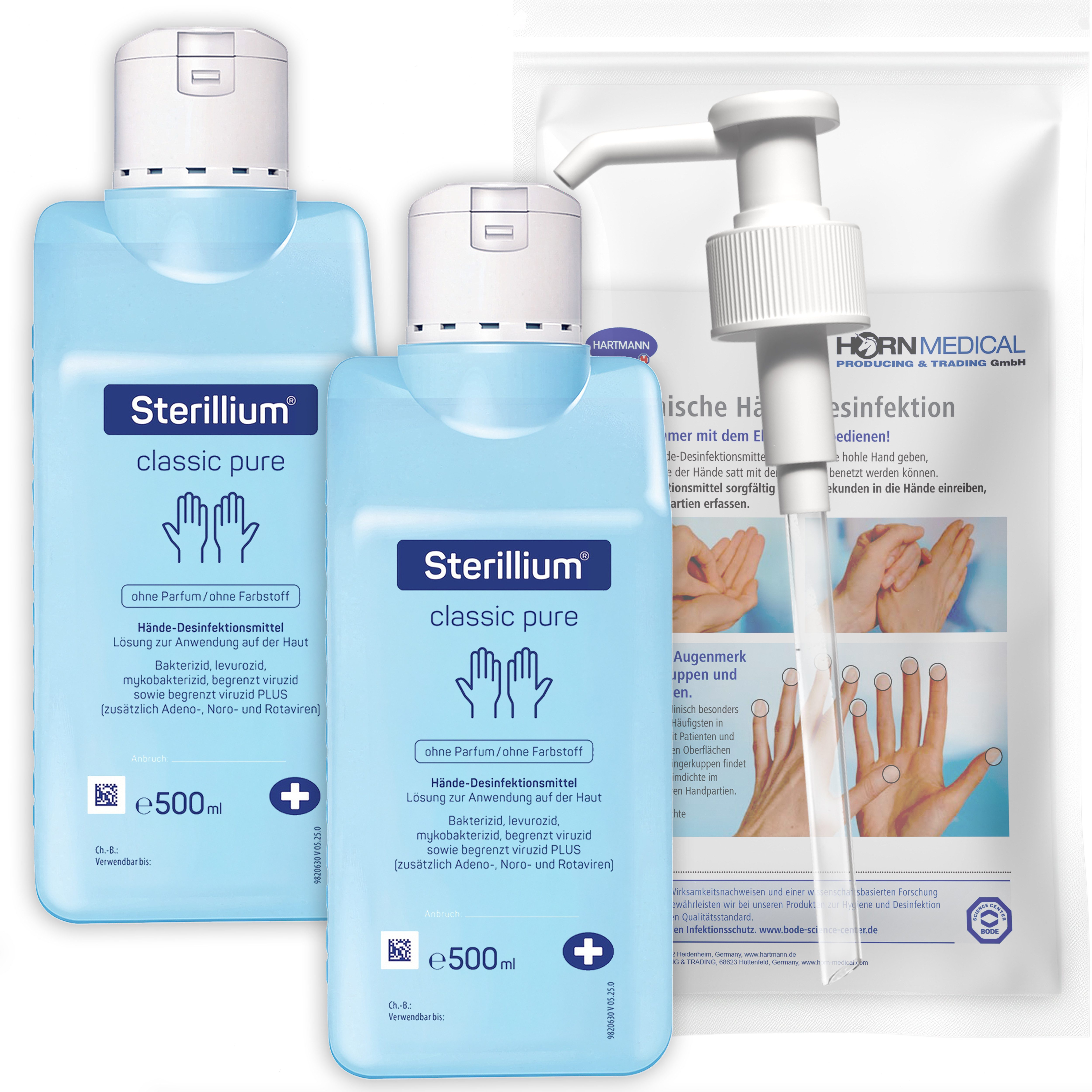 Horn Medical Horn Medical Dosierpumpe mit 2x Sterillium classic pure 500ml Hand-Desinfektionsmittel (Spar-Set, [- bekannt & bewährt Farbstoff- und parfümfrei auch für empfindliche Haut)