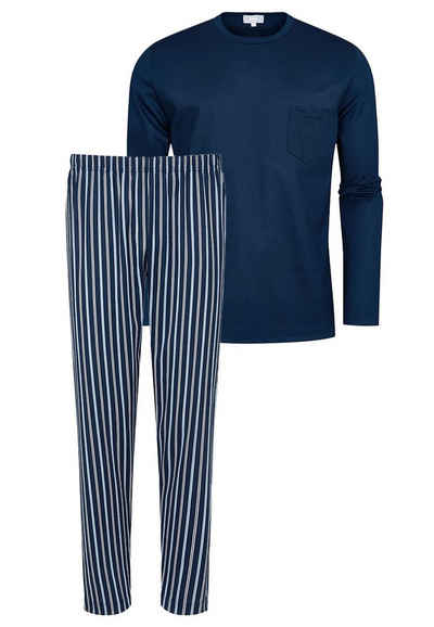 Mey Pyjama »Portimo« (Set, 2 tlg) Schlafanzug Langarm - Baumwolle - Unifarbenes Langarm-Shirt und gestreifte lange Hose im Set, Elastischer Komfortbund, Legere Passform