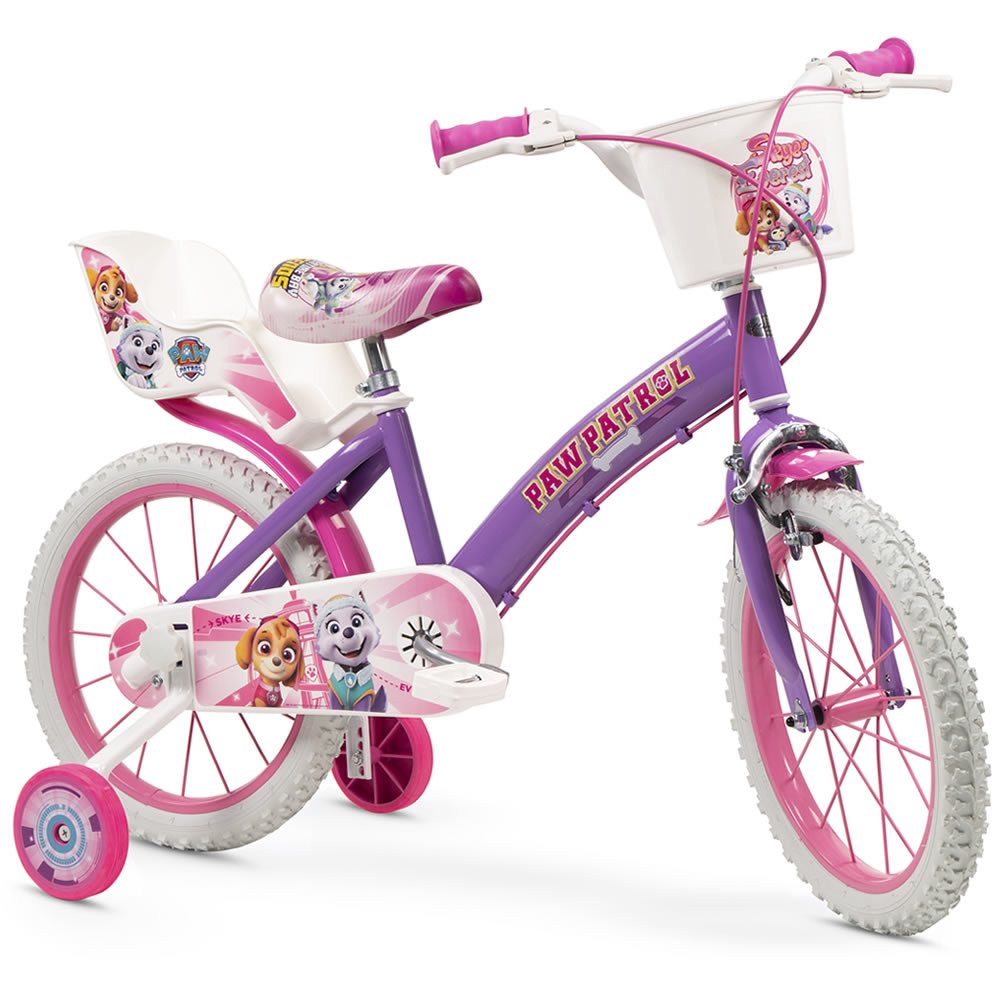 Toimsa Bikes Kinderfahrrad Paw Patrol Skye Fahrrad – 12/14/16 Zoll mit Stützrädern Puppensitz, 1 Gang, Kettenschutz, Schutzbleche, Stützräder, Puppensitz, Fahrradkorb