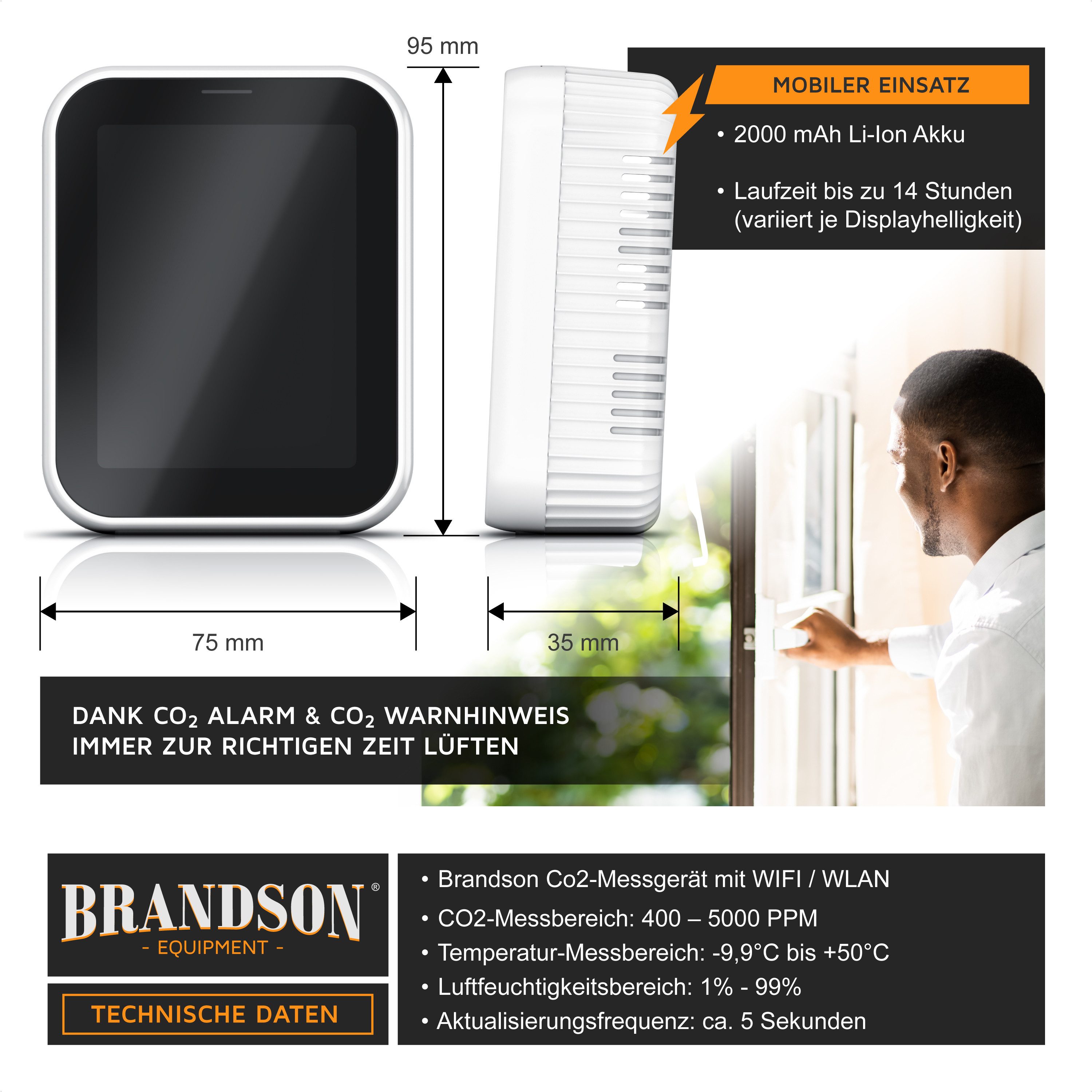 Brandson Raumluft-Qualitätssensor CO2-Messgerät, Luftqualitätsprüfer WLAN, App, Kohlenstoffdioxid Sensor, (1-St), Raumluft Lüftungsempfehlung, Temperatur/Luftfeuchtigkeit, Weckfunktion