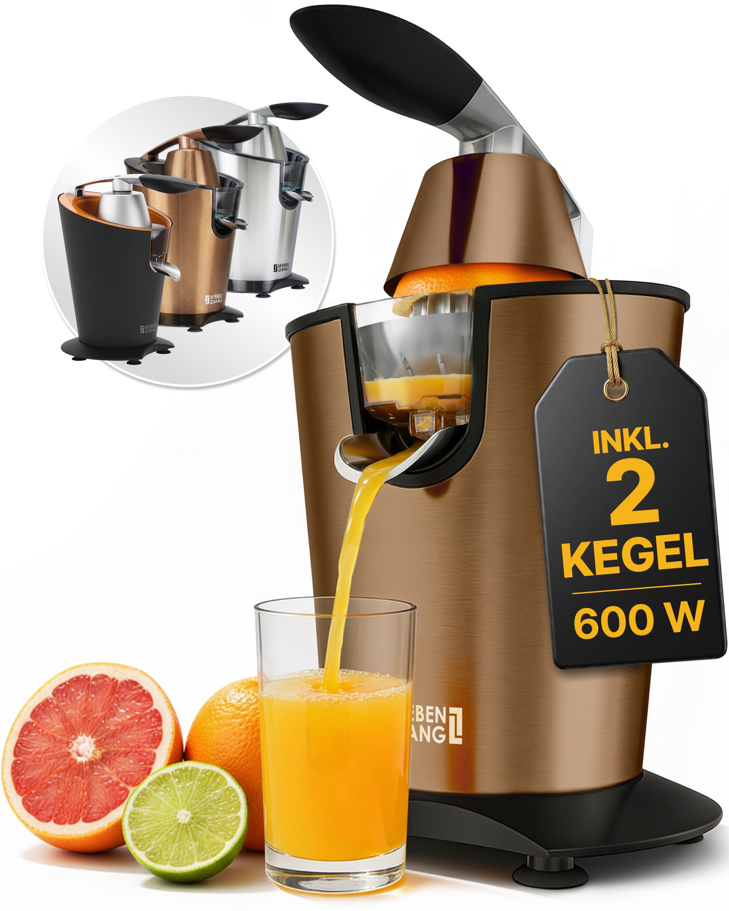 Lebenlang Zitruspresse LEBENLANG Saftpresse elektrisch 600W - Inkl. Edelstahlkegel & BPA-Frei, 600,00 W, Hohe Saftausbeute, Schwarz & Silber