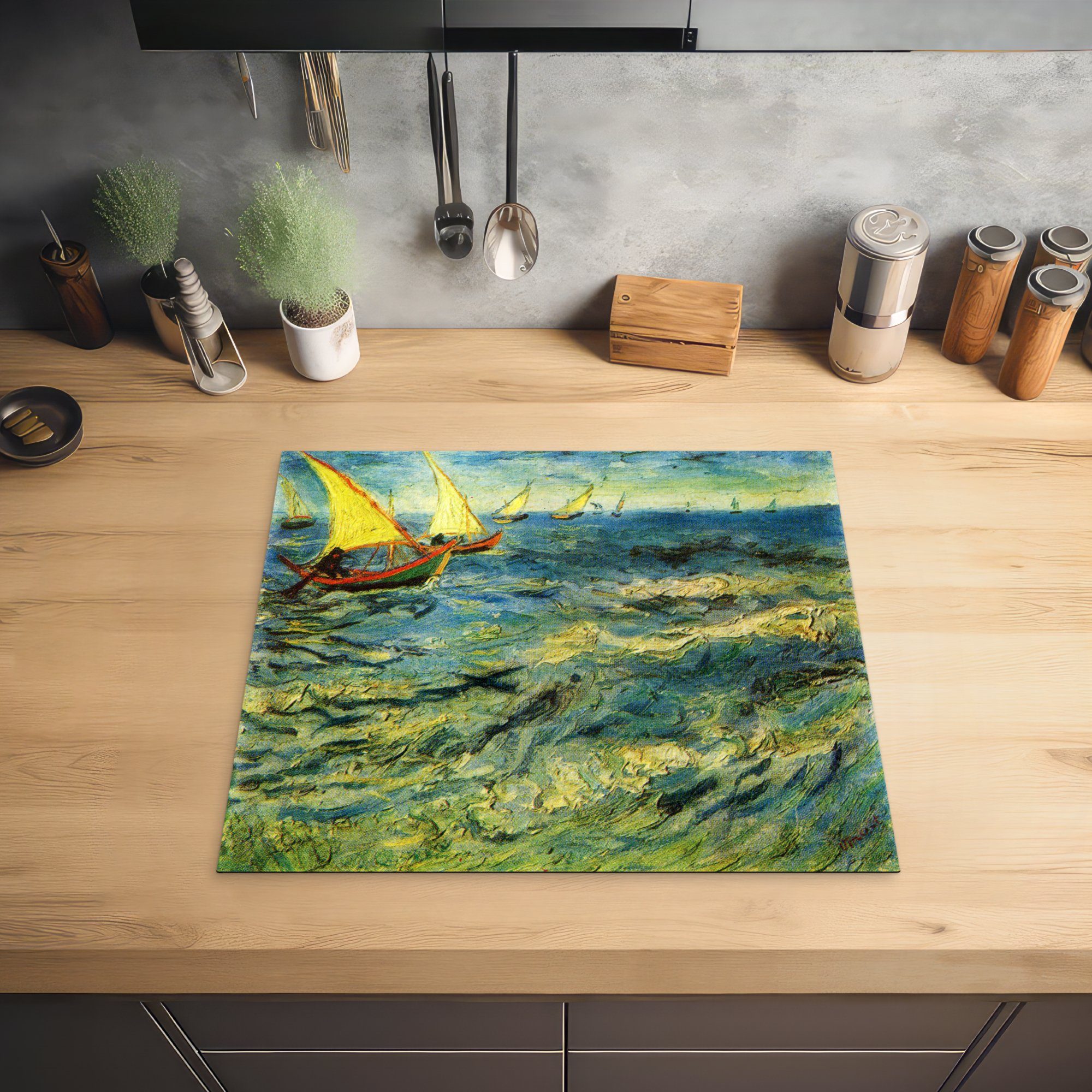 Induktionsmatte küche, cm, Gogh, Ceranfeldabdeckung Vincent 59x52 van dem Vinyl, Fischerboote Herdblende-/Abdeckplatte - auf MuchoWow für Meer die (1 tlg),