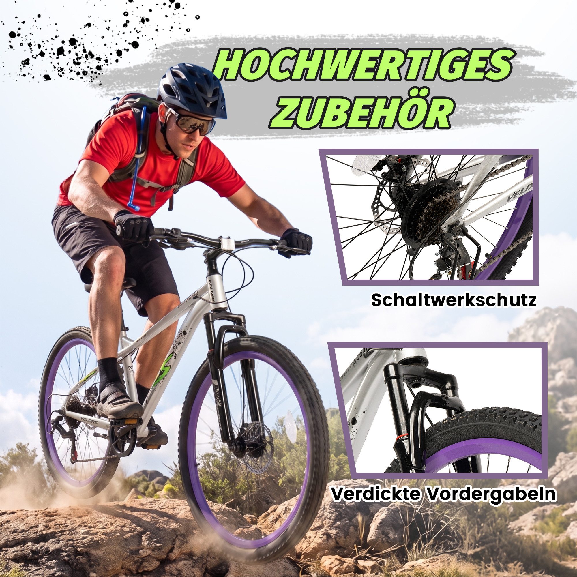 Velors Mountainbike 26 Zoll Fahrrad für Herren Damen, Mädchen und Jungen, 7 Gang Shimano, Kettenschaltung, Dirt Jump Bike Jugendfahrrad MTB Hardtail Fahrrad