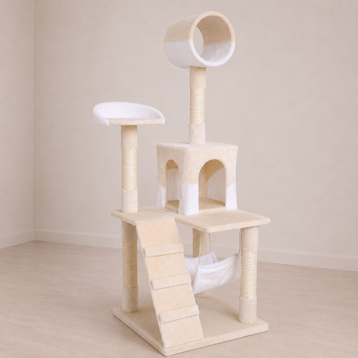 belviona Kratzbaum mit Höhle, Hängematte, Treppe & Liegeplattform, 133 cm, beige/weiß, mit Sisalsäulen & Liege-Röhre zum Beobachten