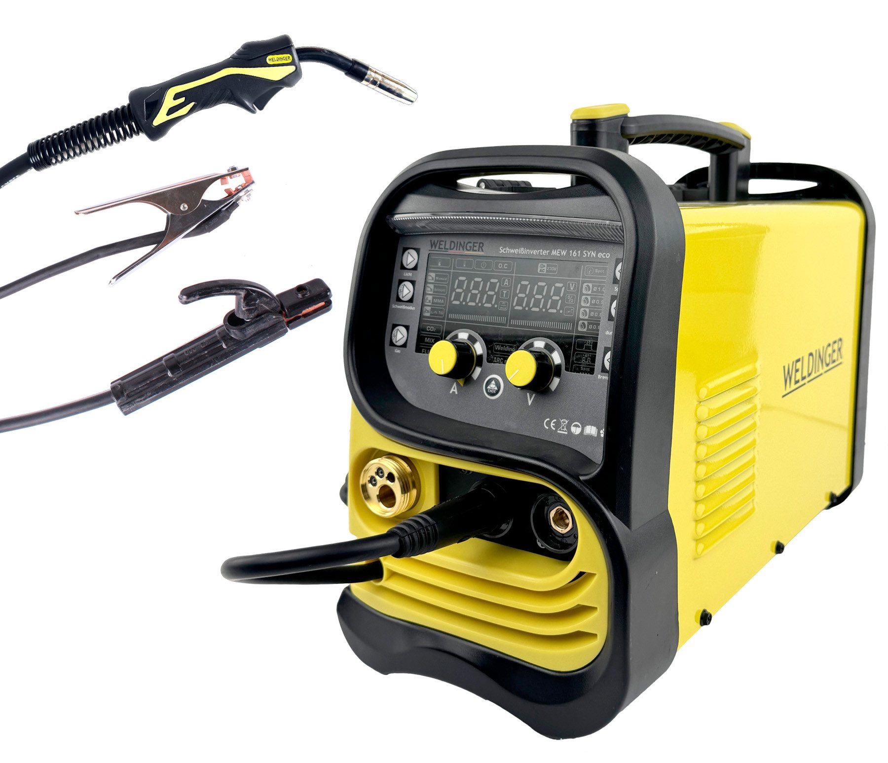 WELDINGER Schutzgasschweißgerät MIG/MAG-Schweißinverter MEW 161 SYN eco synergisch (Fülldraht WIG MMA), 30 - 160 A, 7-tlg., Arbeitslicht