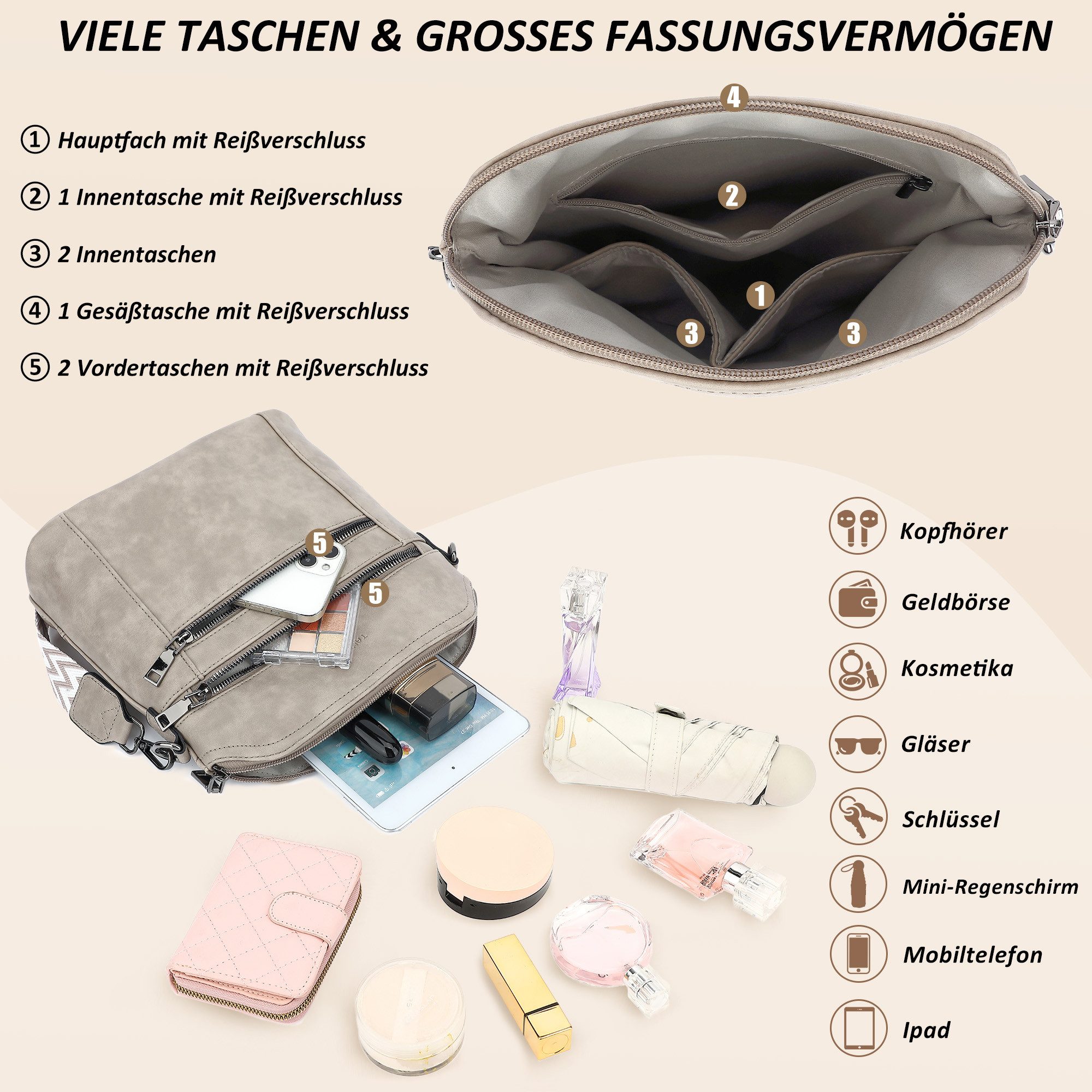 TANTOMI Schultertasche Damen Umhängetasche Mittelgroß mit Vielen Fächern, Crossbody Bag mit Verstellbar Abnehmbar Breiter Gurt – Bild 5 von 5