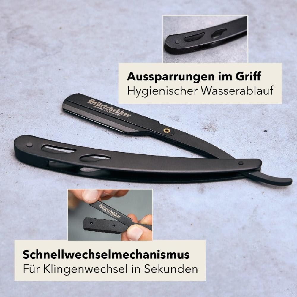 Störtebekker Rasierset - Rasiermesser 'Blackbeard' (Schwarz) - Rasierset Herren, mit Rasierpinsel, Rasierschale, Rasierseife, Alaunstein und 10 Klingen