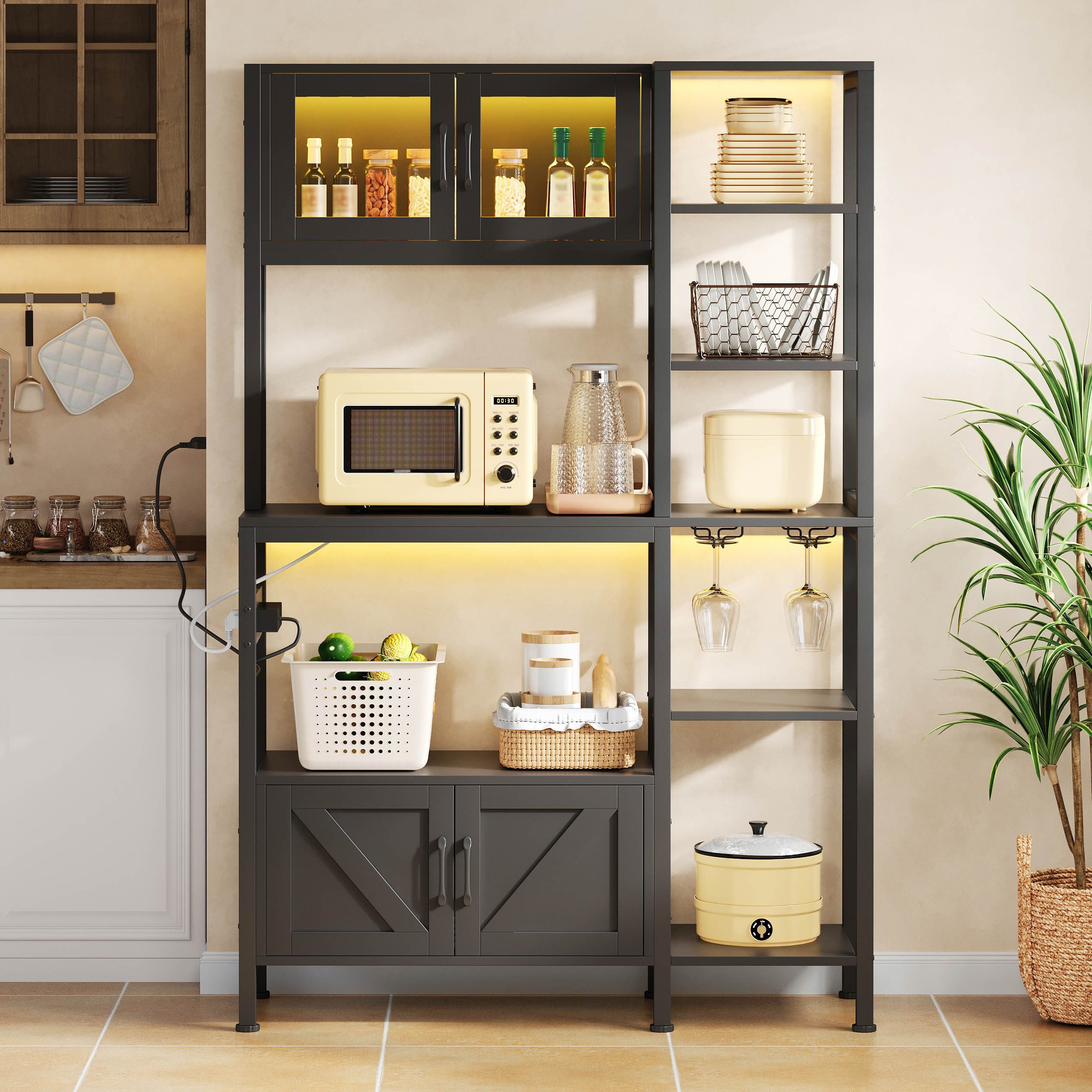 Flieks Standregal Küchenregal mit Steckdose, LED-Beleuchtung, Gläserhalter und Glastüren, 115x40x180 cm 1-tlg., Küchenbuffet Bücherregal Hochschrank Schwarz, Stahlrahmen