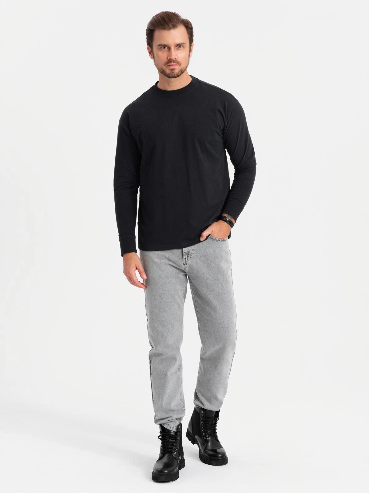 OMBRE Longsleeve Herren-Langarmshirt LOOSE FIT aus Baumwolle mit Rundhalsau günstig online kaufen