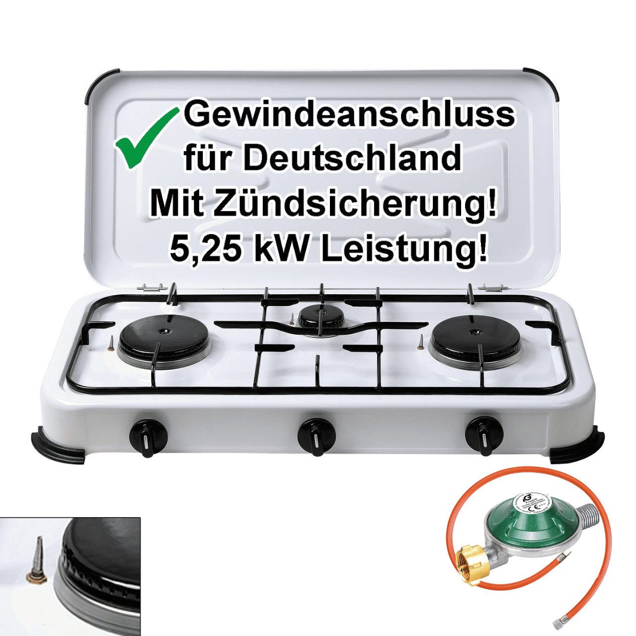 BlueCraft Gaskocher 3 flammig mit Zündsicherung 50mbar Propan Gas Campingkocher 5,25 kW, (mit Schlauch 100 cm und Gas Regler Druckminderer), Camping Gas Kocher 3 flammen für Gasflasche Gasherd Gas-Kochfeld