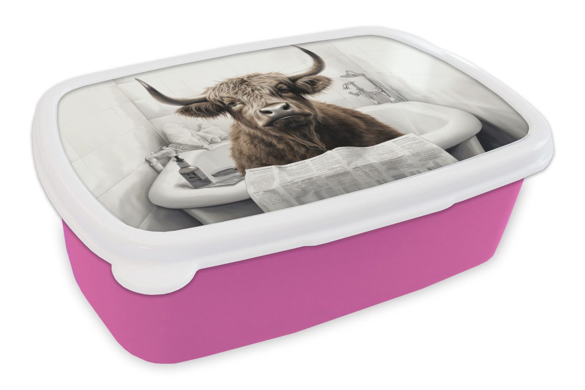 MuchoWow Lunchbox Schottischer Highlander - Badewanne - Badezimmer - Zeitung, Kunststoff, (2-tlg), Brotdosen, Lunch Box, Brotbox für Kinder und Erwachsene