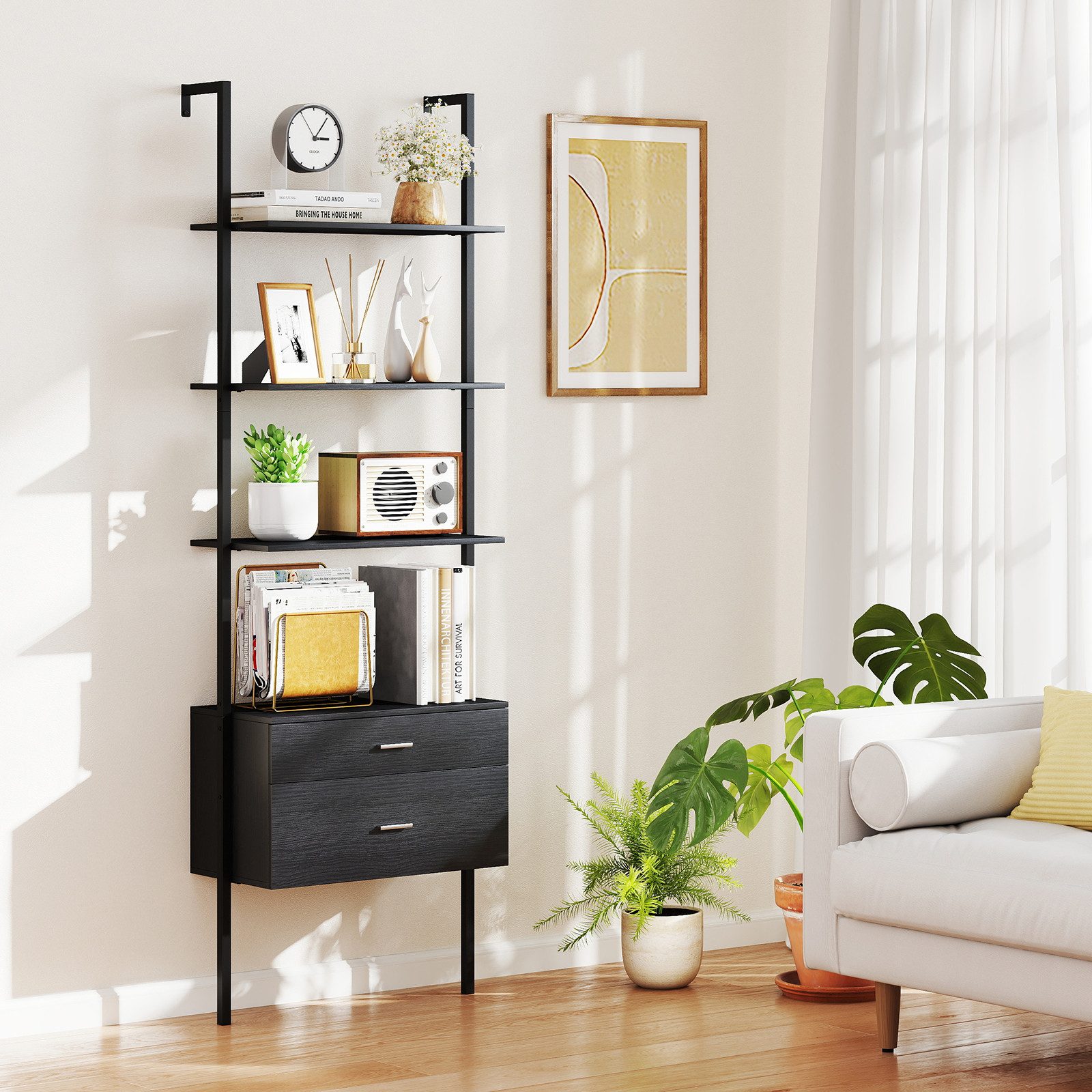 COSTWAY Bücherregal, Leiterregal mit 2 Schubladen, Wandmontage, Metallrahme günstig online kaufen