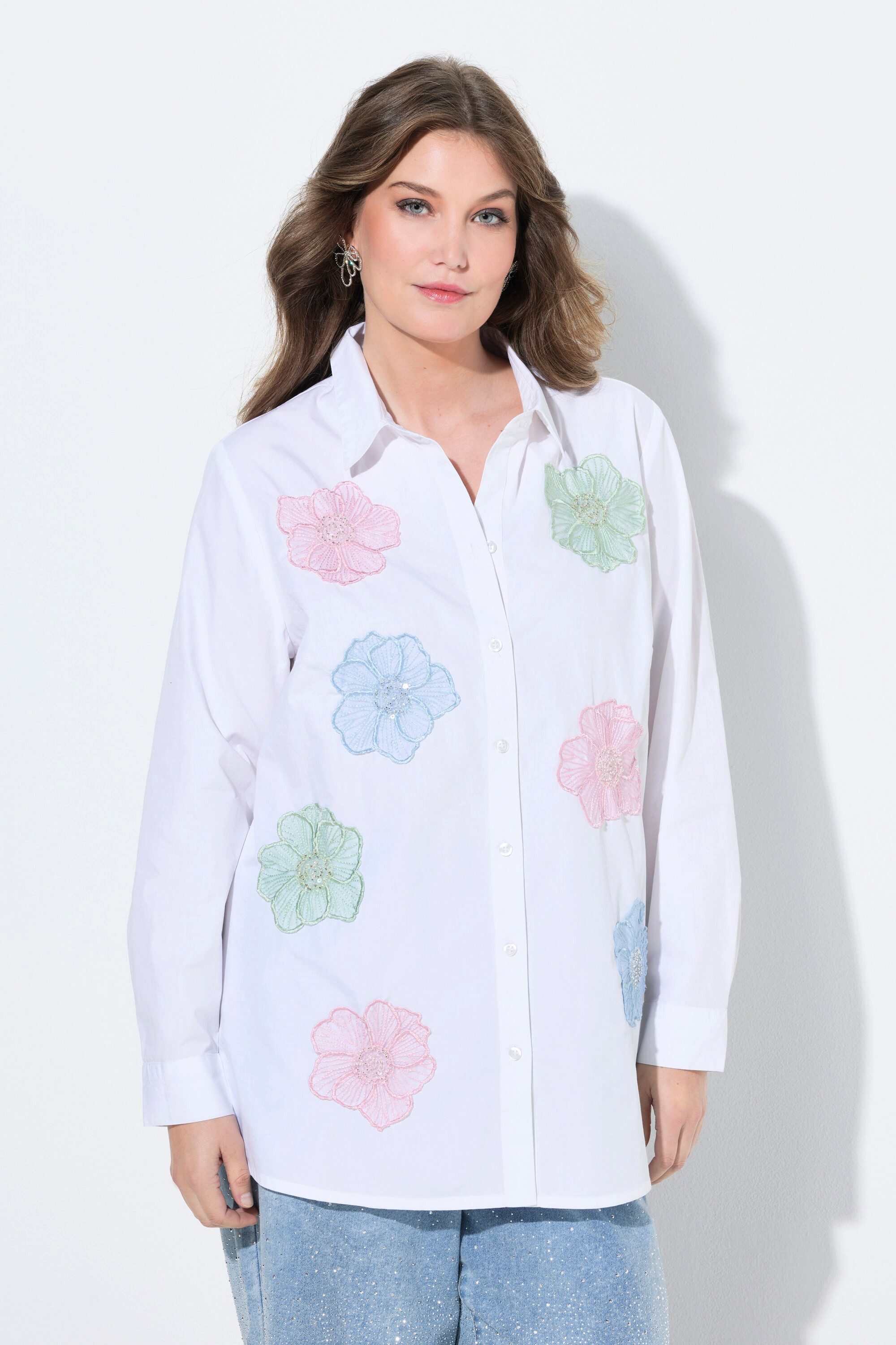 MIAMODA Hemdbluse Bluse Loose Fit 3D-Blüten Langarm günstig online kaufen