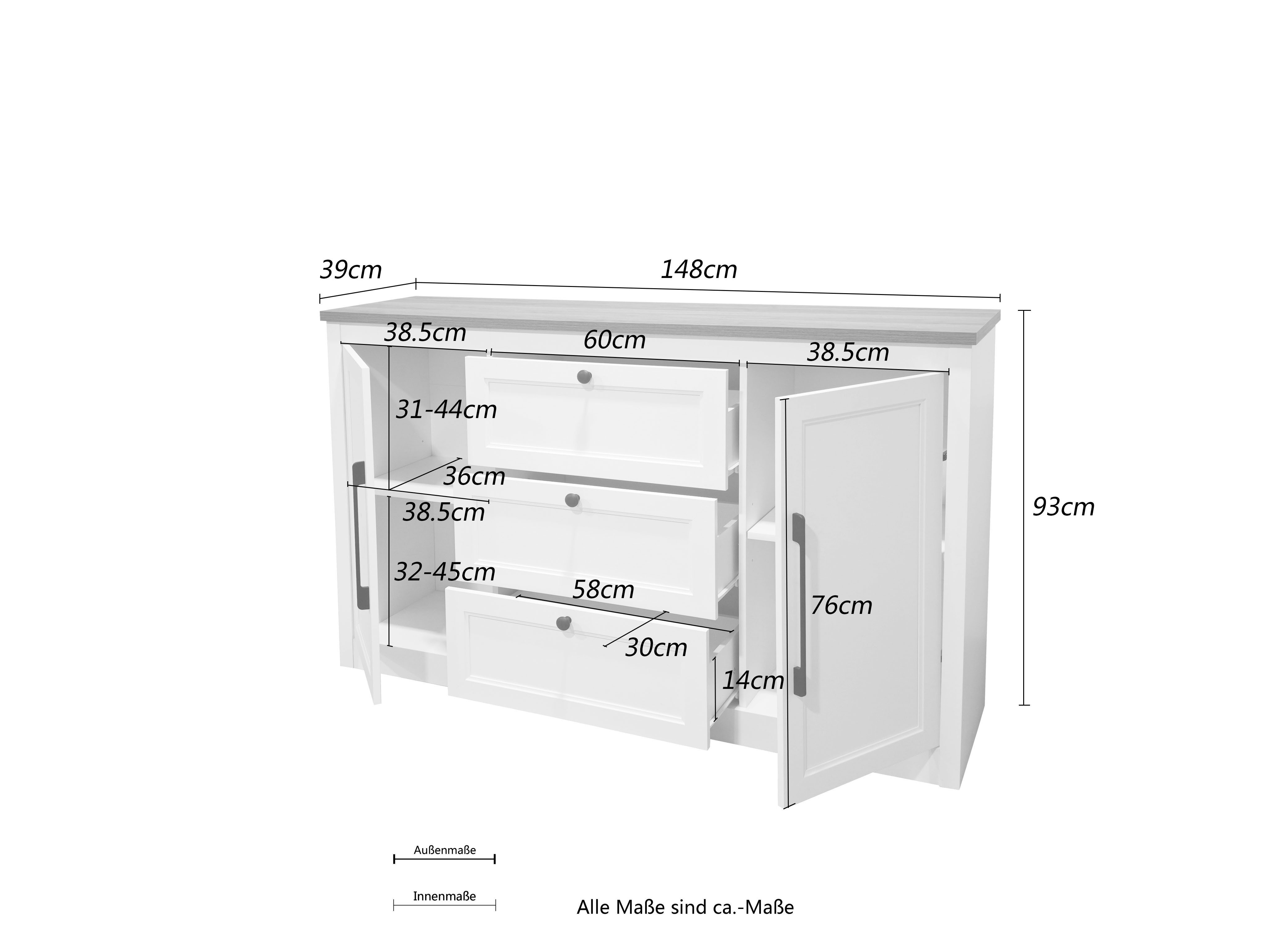 OTTO home Sideboard Ismund, aus MDF, mit Holz-Zierleiste, schwarzen Metallgriffen, Höhe 93 cm