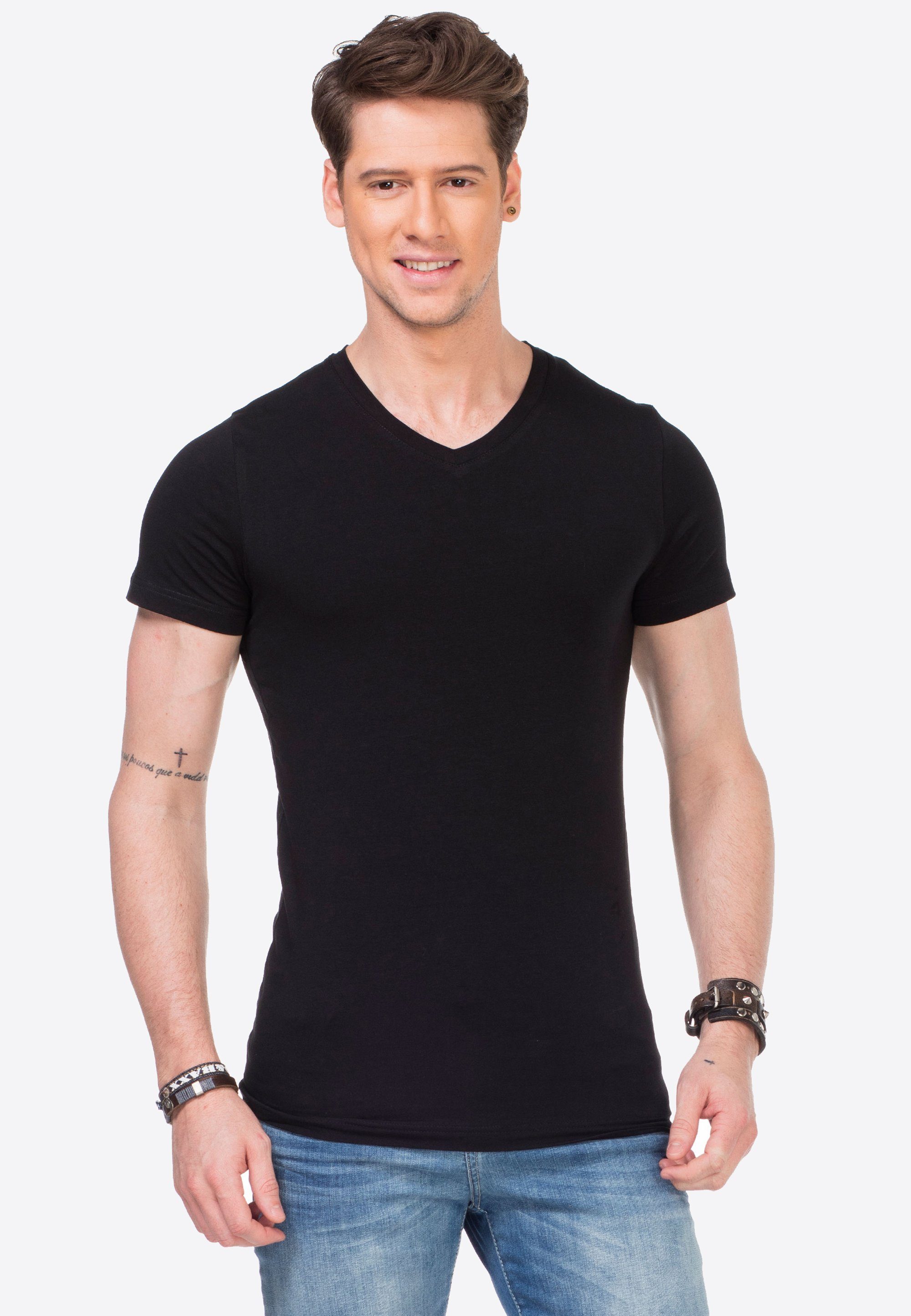 Cipo & Baxx T-Shirt mit modernem V-Ausschnitt schwarz