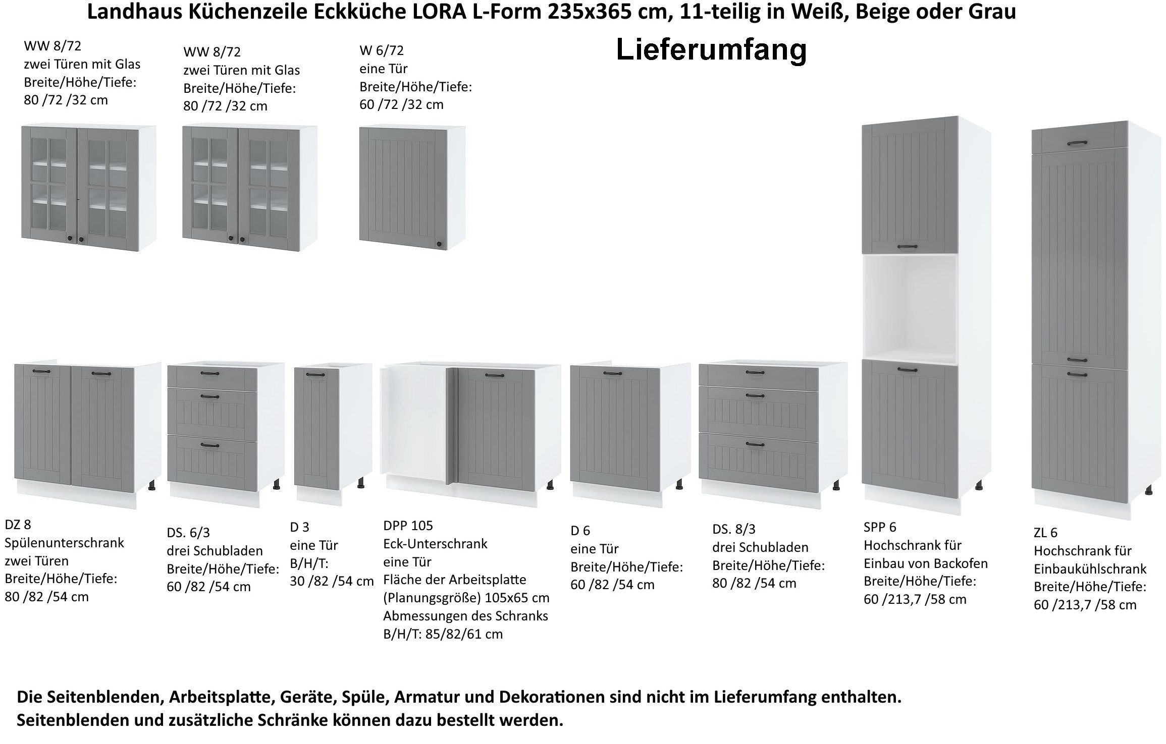 Möbel für Dich Küchenzeile Landhaus Eckküche LORA L-Form 235x365 cm, 11-teilig, Fronten in Weiß, Beige oder Grau