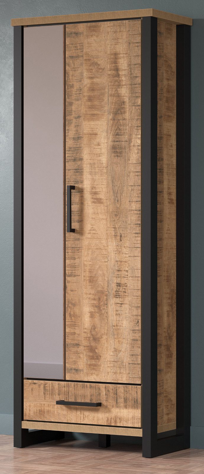 Furn.Design Garderobenschrank Loom (Flur Schrank in Mango mit Schwarz, Industrial Design, 73 x 195 cm) mit Spiegel und Vollauszug