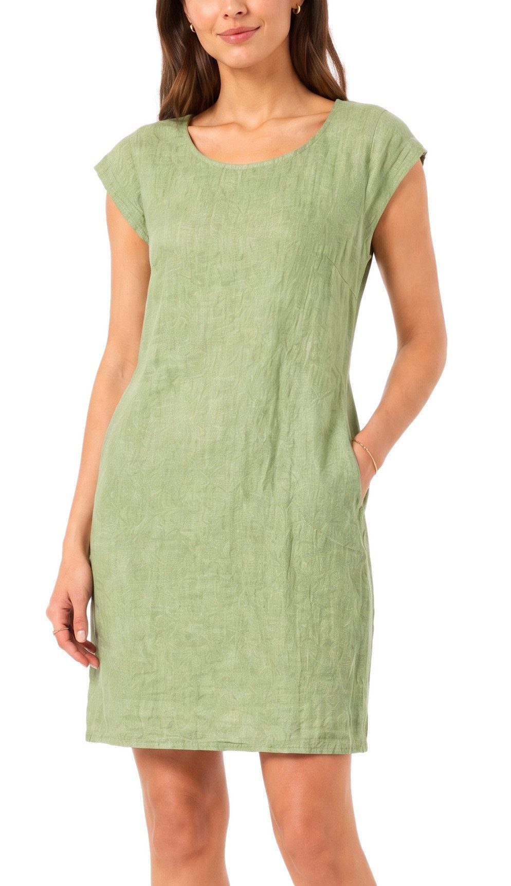 dy_mode Midikleid Einfarbiges Damen Leinenkleid Sommerkleid Kurzarm Midi Kleid in Unifarbe, mit Eingriffstaschen, leicht taillierte Passform