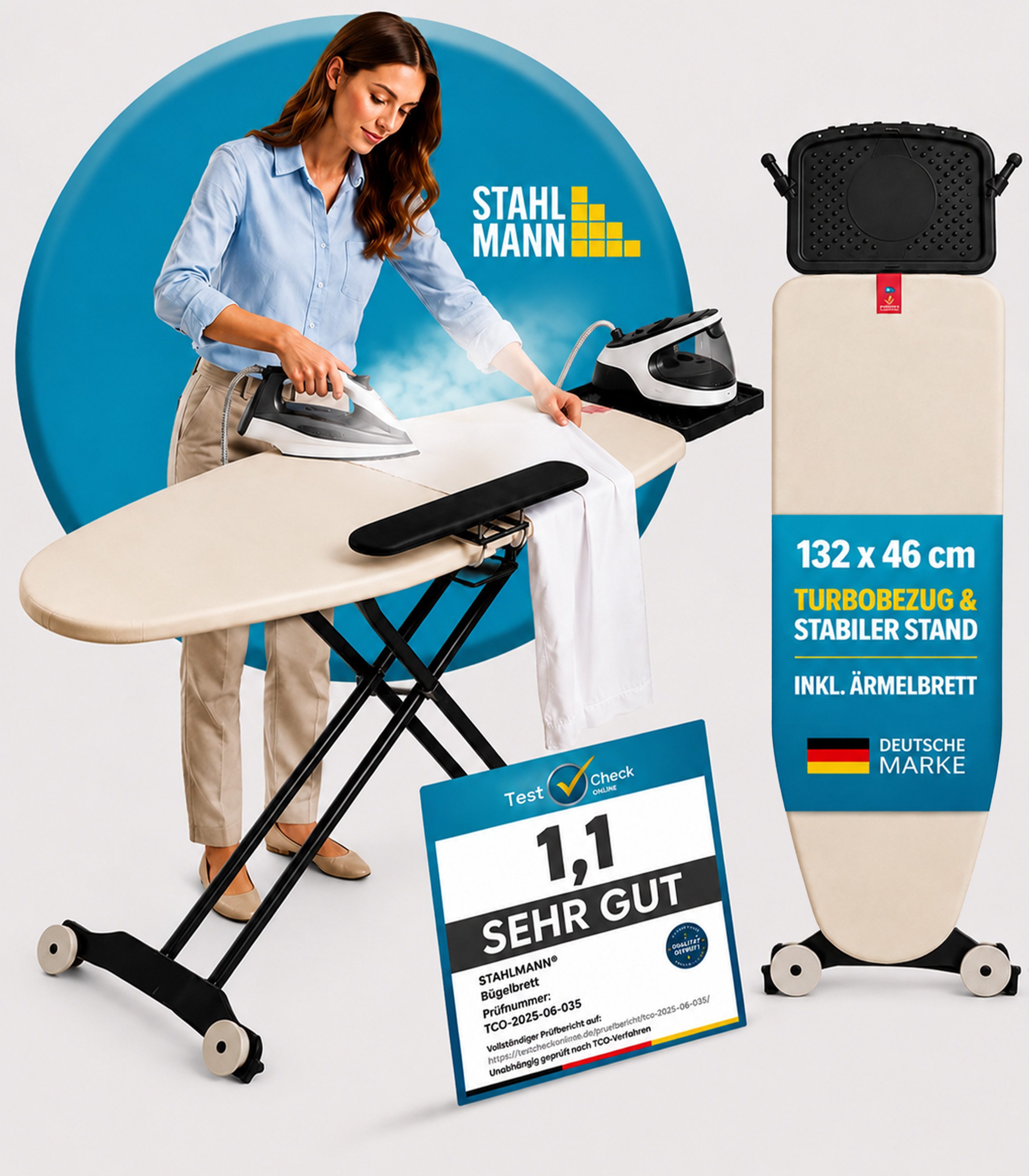 STAHLMANN COMMERCE GmbH Bügelbrett Excellence Lux [132 × 46 cm], Made in EU, Ärmelbrett, Dampfstation, Bügelfläche 132x46 cm, Made in EU · Ärmelbrett · Ablage für Dampfstation