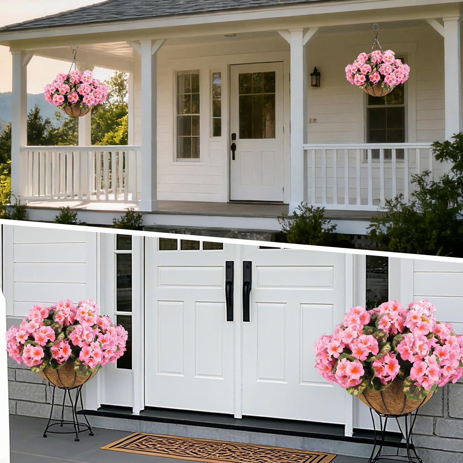 Kunstblumenstrauß 2er-Set künstliche Geranienblüten für den Außenbereich mit braunemKorb, GarveeMore, Hängepflanze 12PCS Geranienblüten für Weihnachten,Veranda,Garten