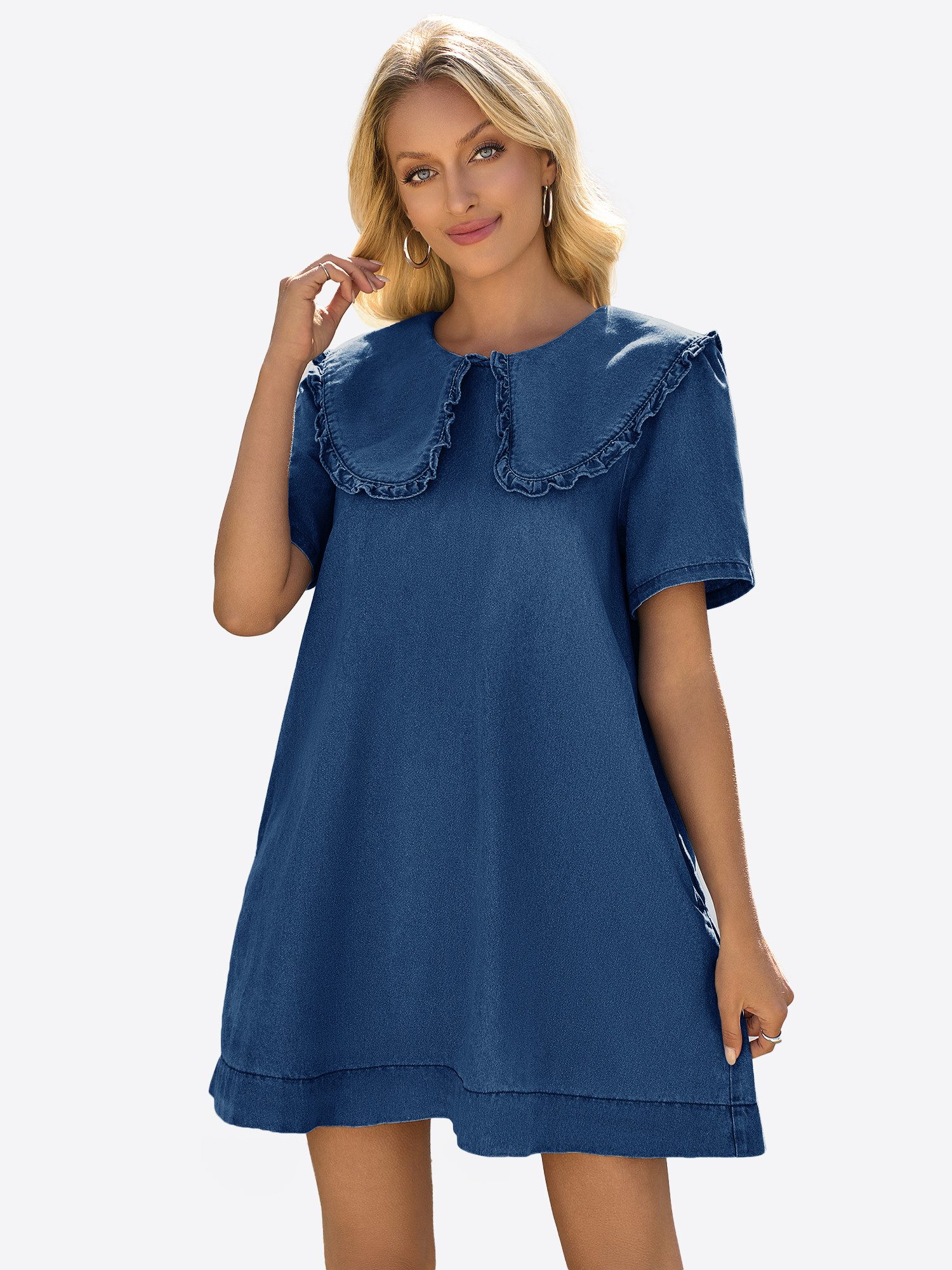 Imily Bela Minikleid Damen Fließende Babydoll Jeanskleider (Packung, 1-tlg., 1per-Pack) einfarbig
