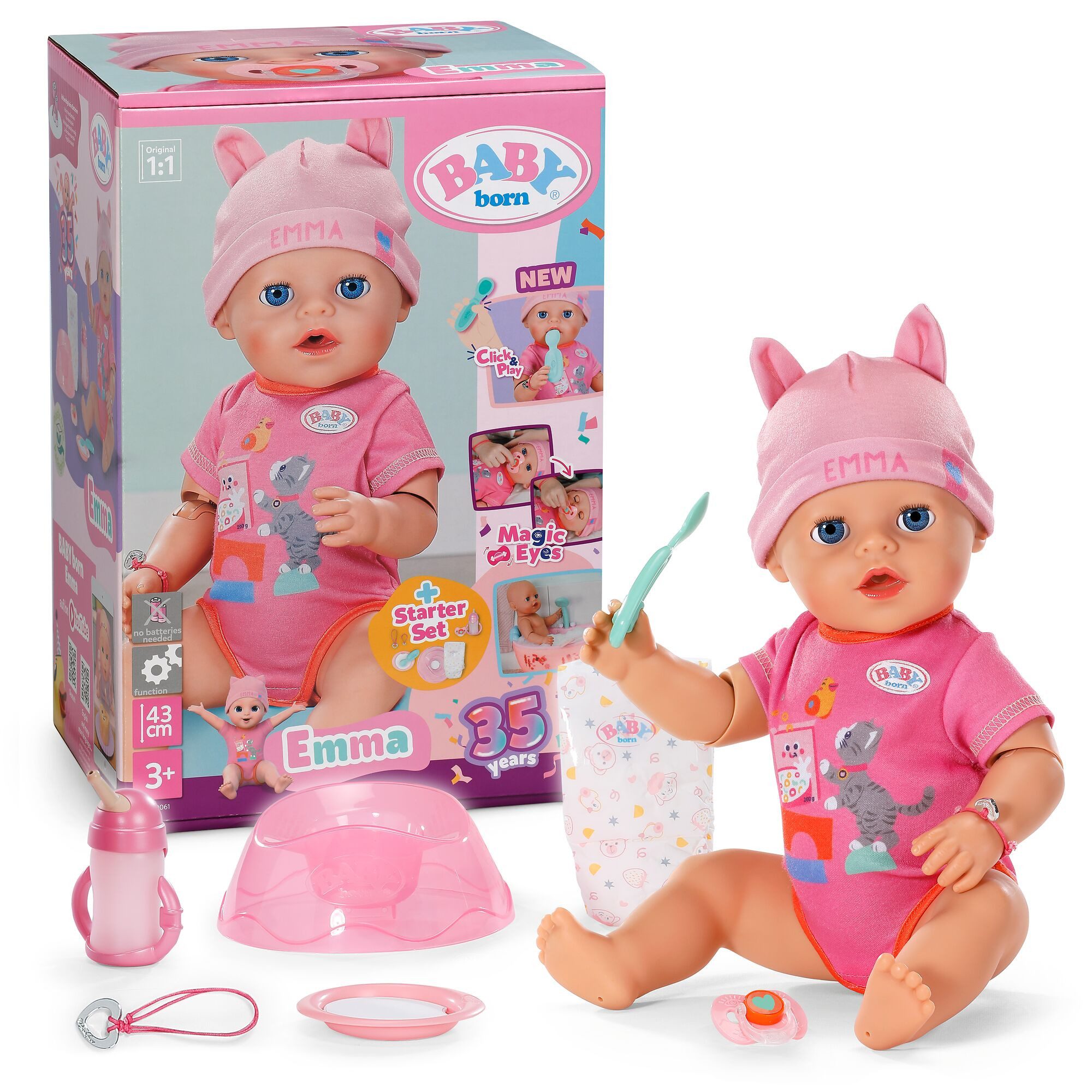 Baby Born Babypuppe Emma Click & Play 43cm, mit Click-&-Play: Hält Fläschchen und Löffel selbst - ohne Batterien
