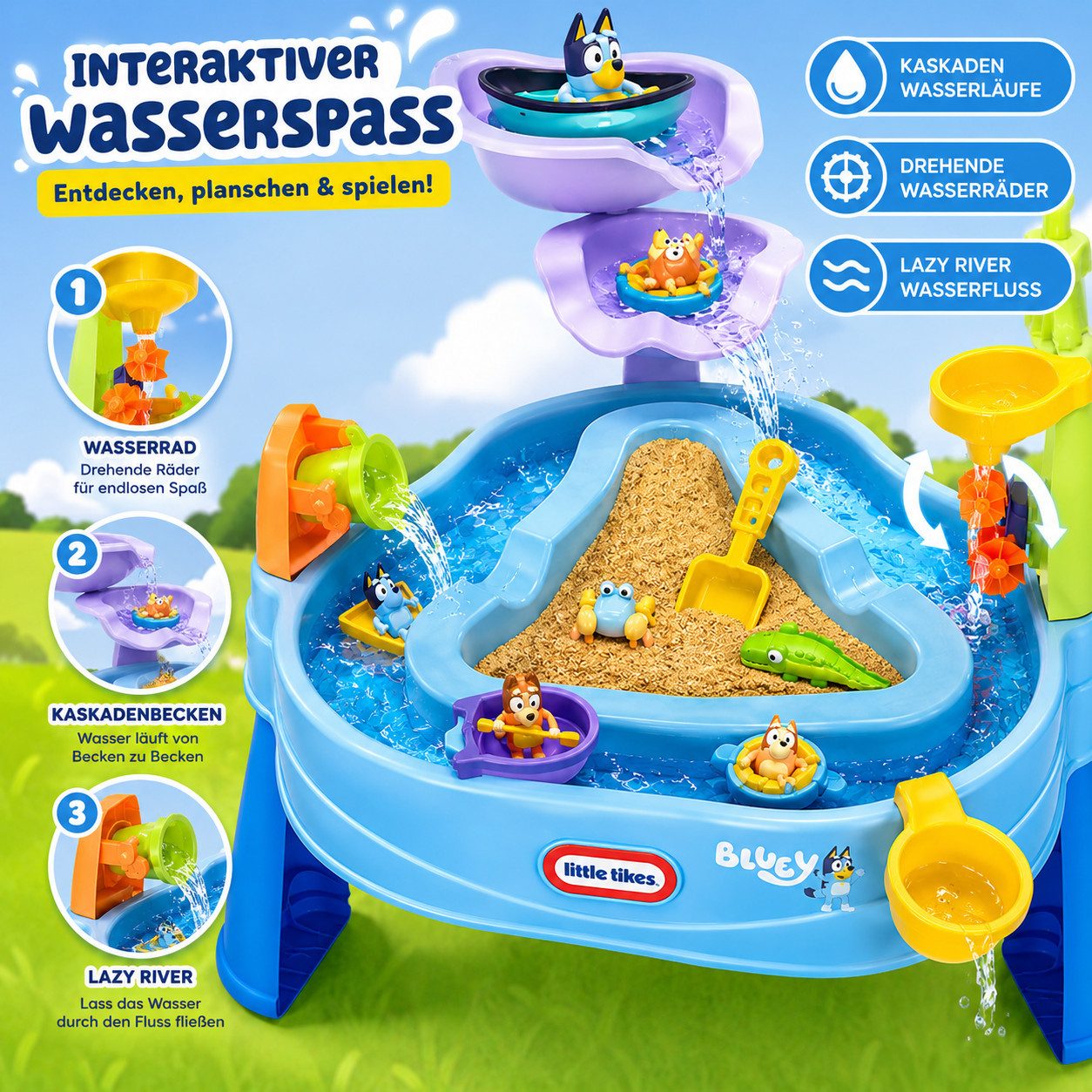 Little Tikes® Wasserspieltisch Bluey Wassertisch–Interaktiver Outdoor Spieltisch & Zubehör für Kinder, (Spielzeug-Wassertisch Set, 7-tlg., 1 Set), 2-in-1 Design, Wasserräder, Kippeimer, Lazy River, abnehmbare Beine